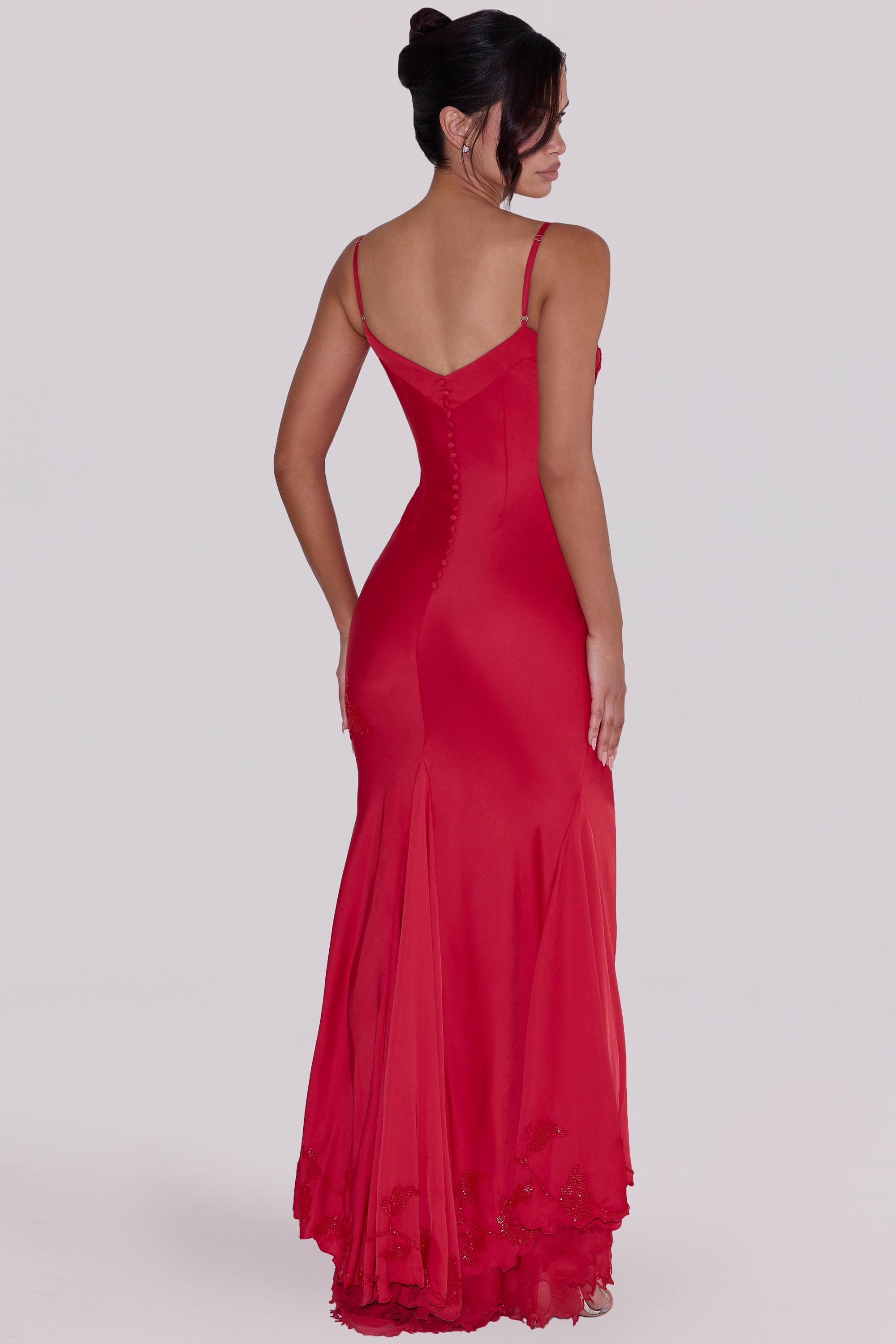red hand beaded embellished satin maxi dress - limited edition