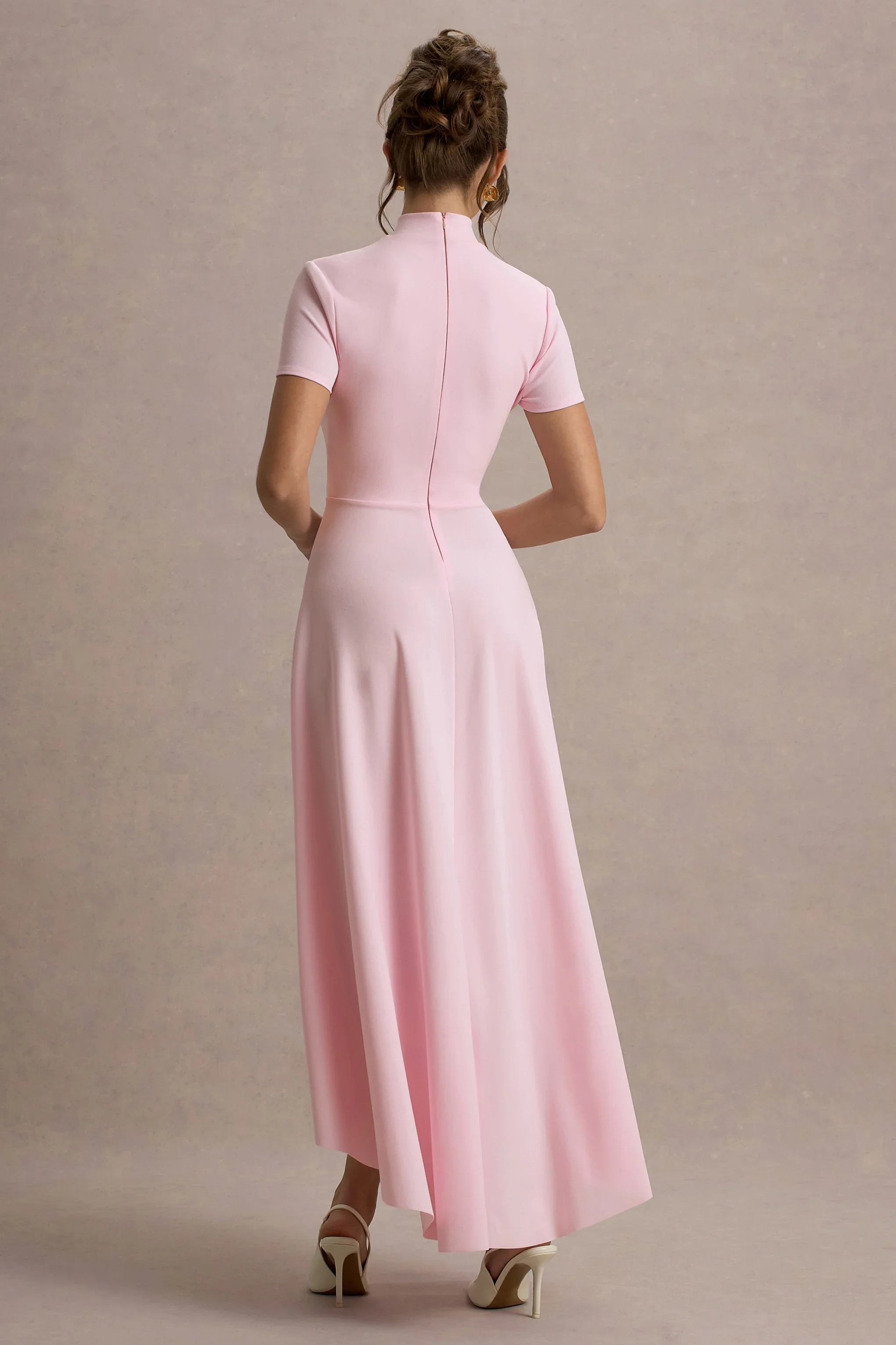 Bellona | Pink High-Neck High-Low Midi Dress