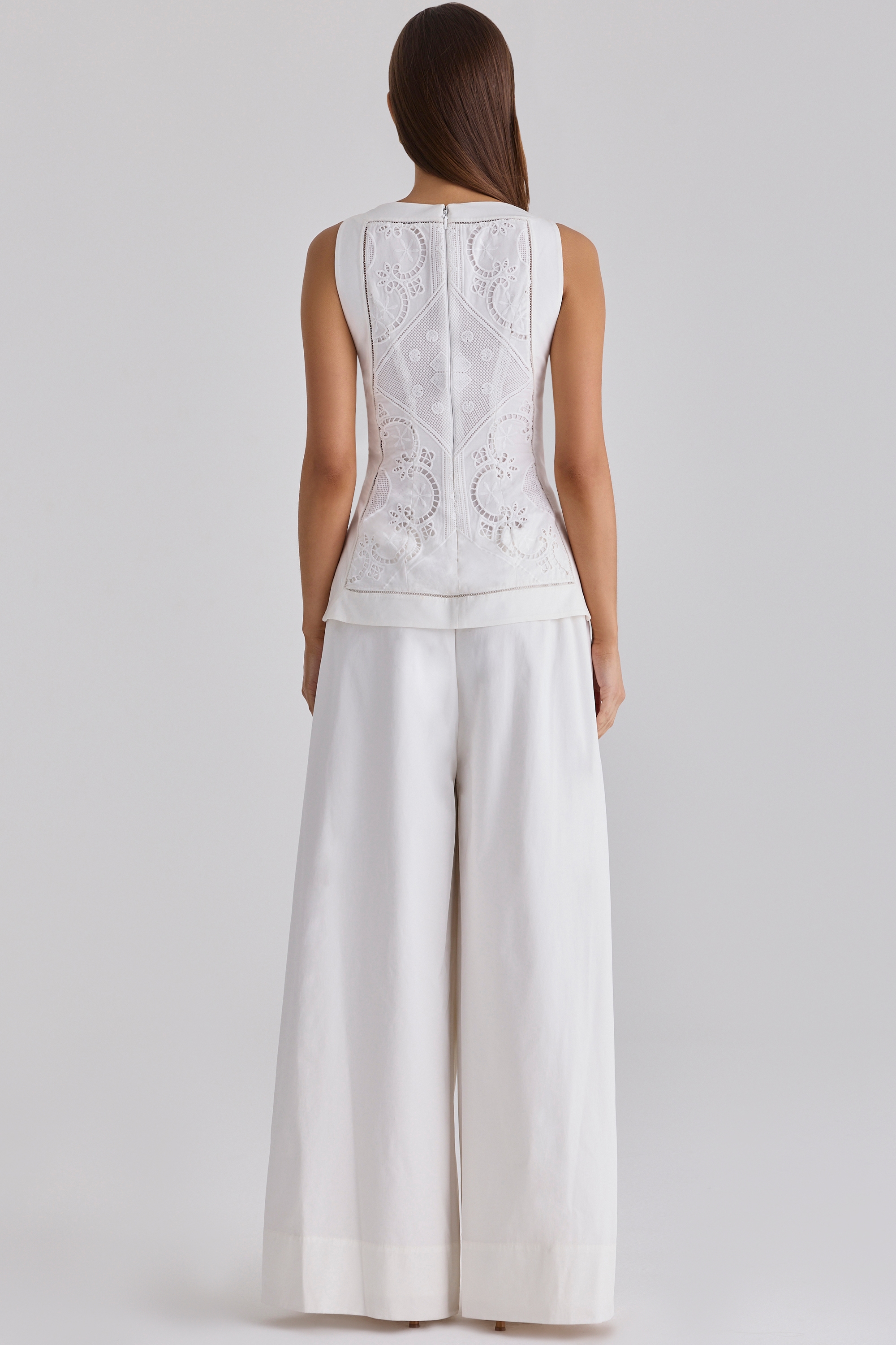 White Cotton Placement Lace Broderie Anglais Boat Neck Top