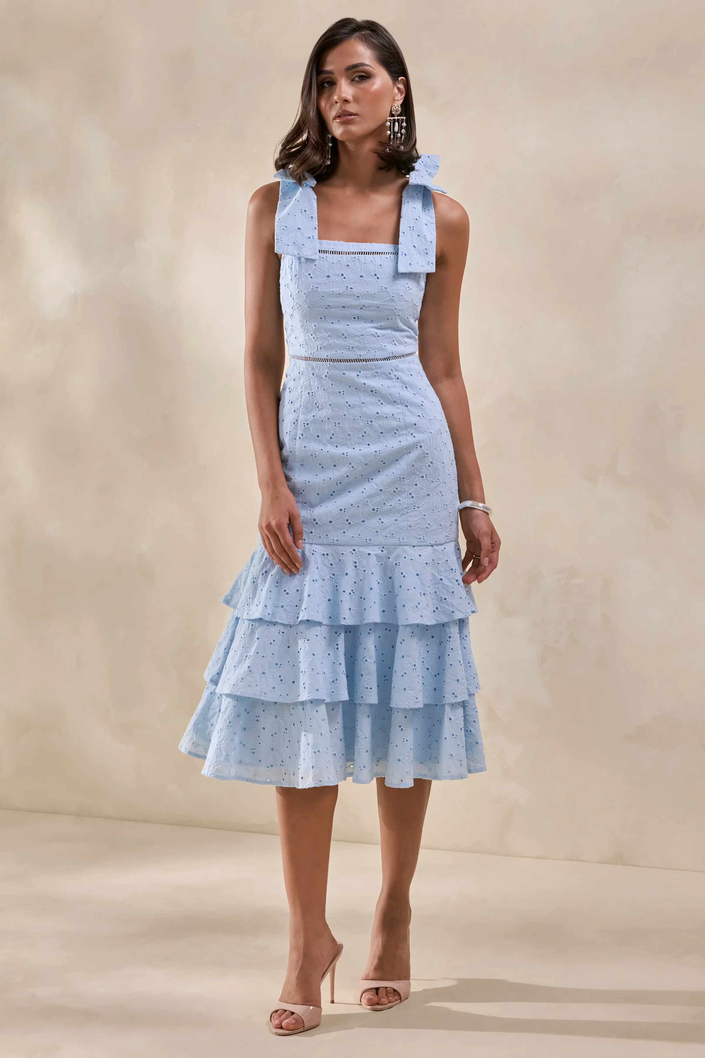 Velissia | Blue Broderie Square-Neck Midi Dress With Bow-Sleeves And Ruffled-Hem