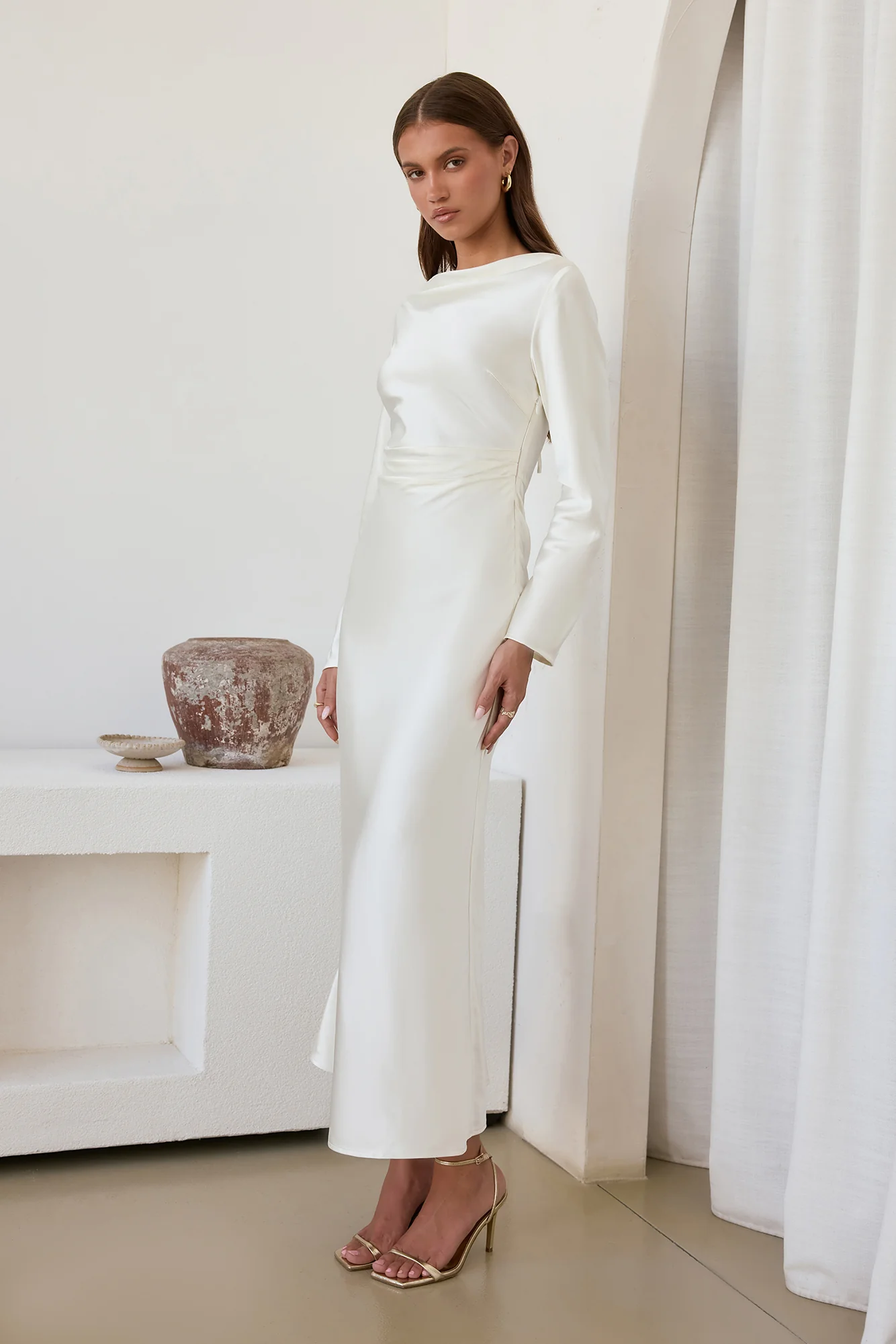 Cross The Skies Satin Long Sleeve Maxi Dress White