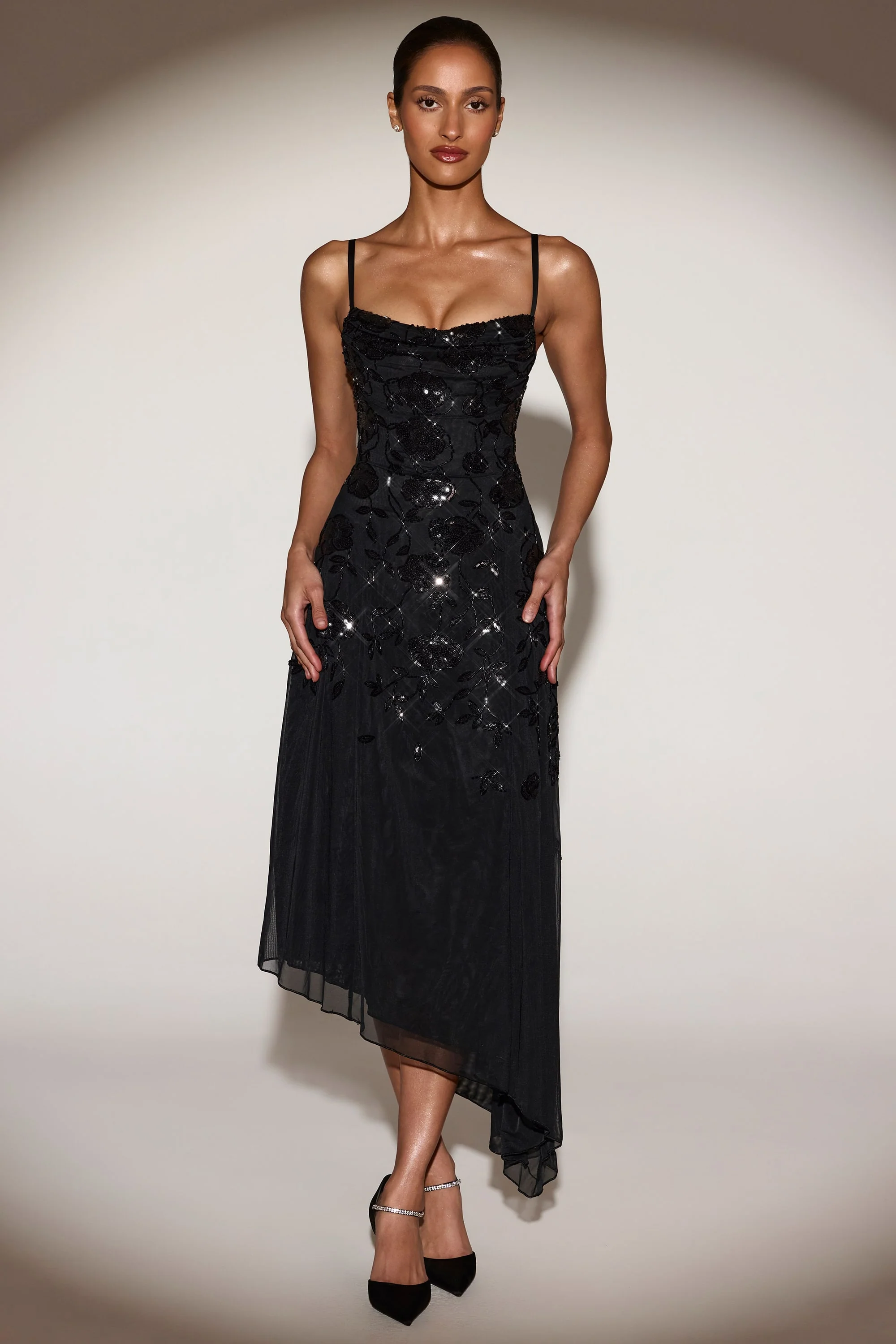 Embellished Soft-Scoop Asymmetric Midaxi Dress in Black