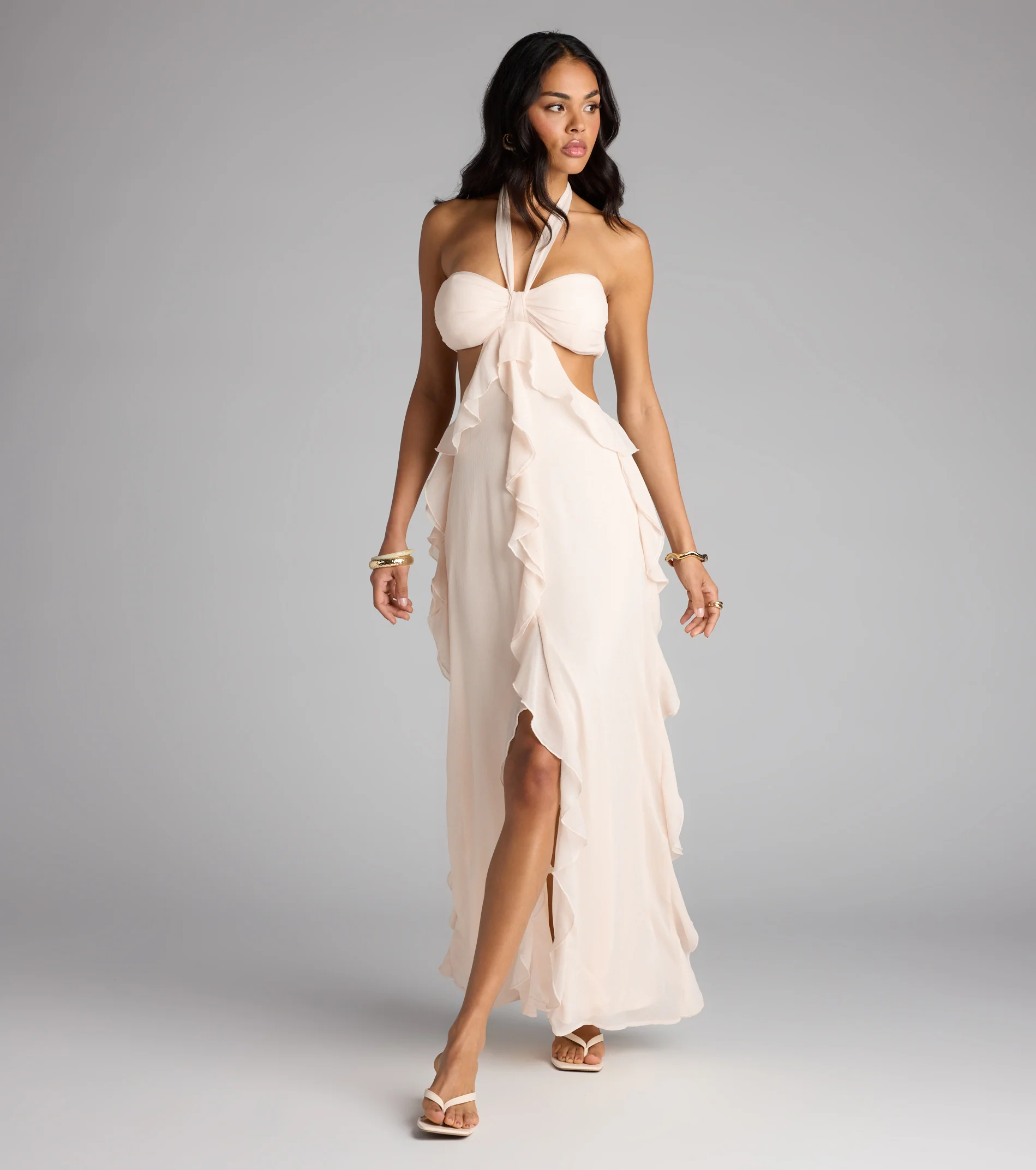 Ruffle and Ready Chiffon Halter Maxi Dress - FASHION NOB