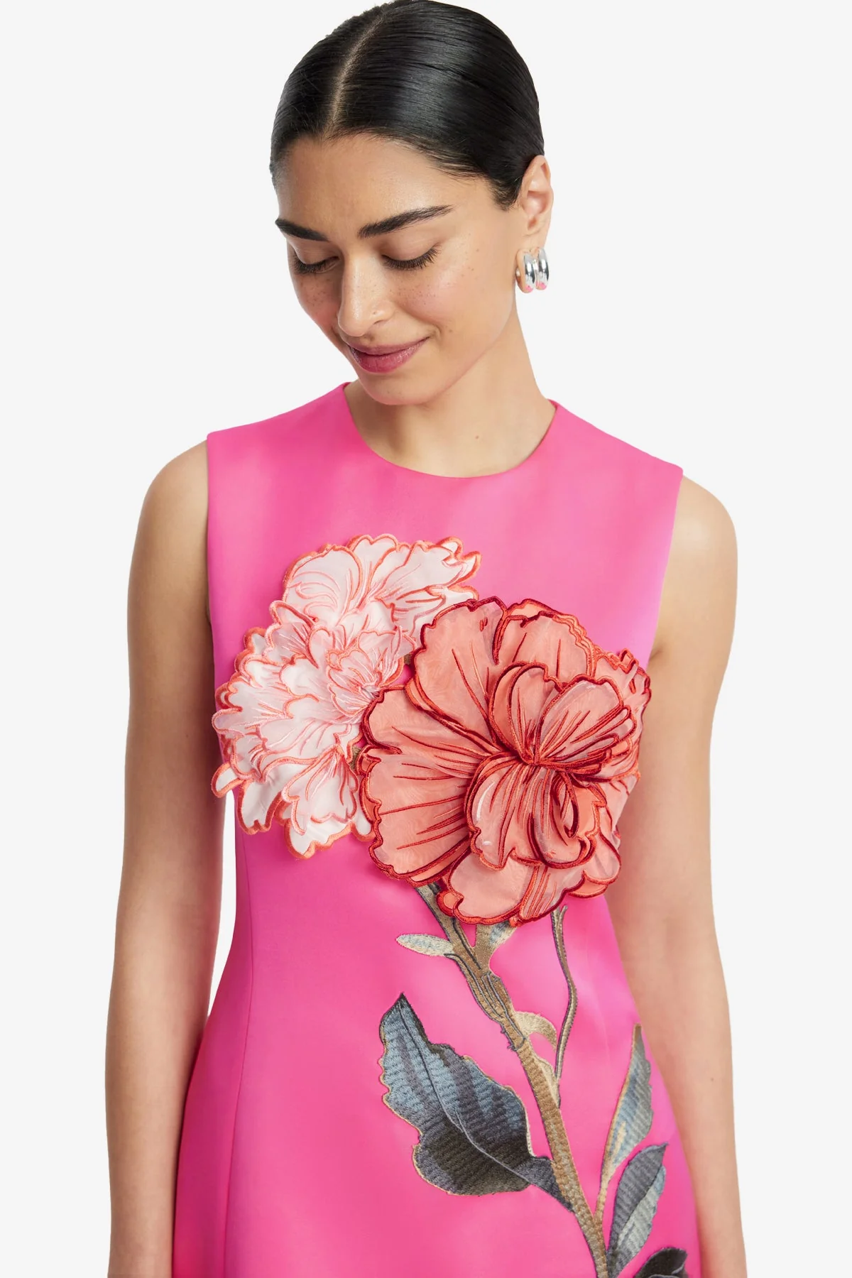 Cleo Appliqué Sleeveless Midi Dress - Peony Print in Fuchsia