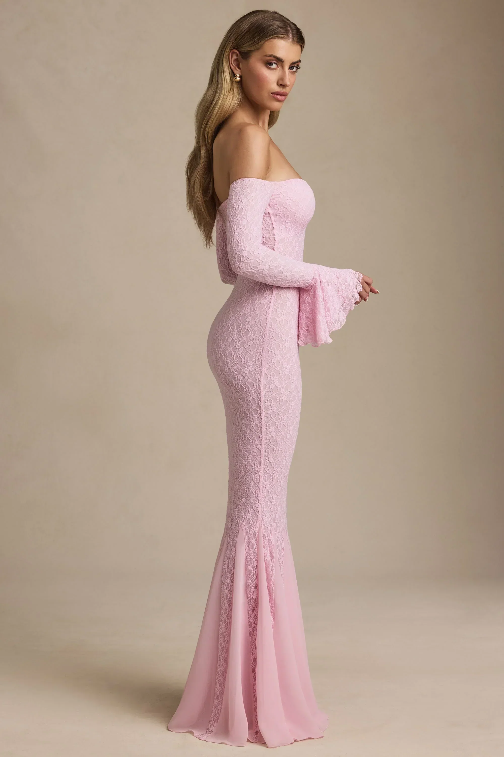 Off-Shoulder Ruffle Lace Maxi Dress in Soft Pink - luluinthesky
