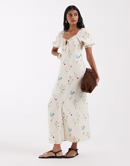 Vero Moda puff sleeve tie front detail maxi dress in cream floral print