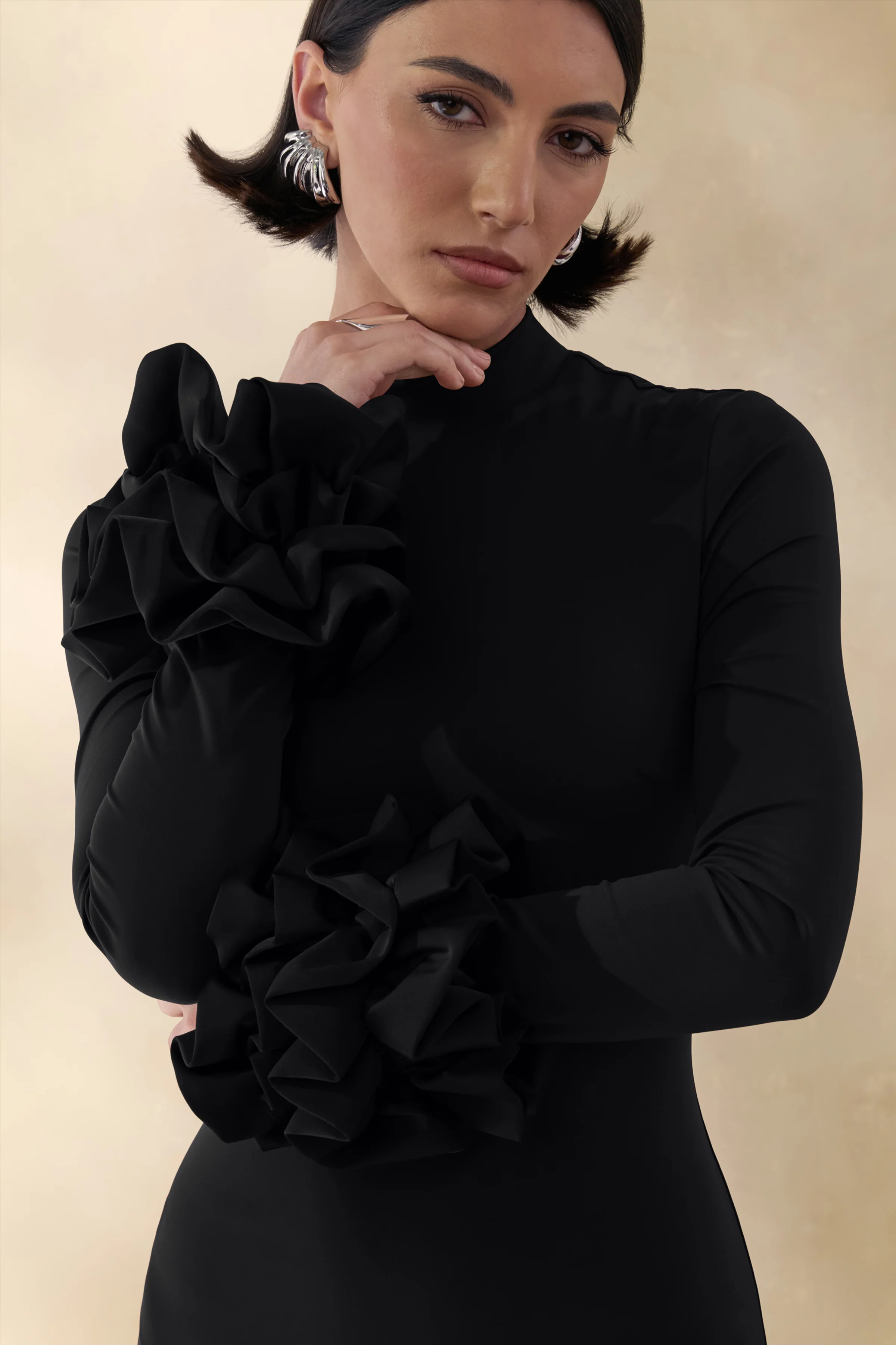 Jaselle | Black High-Neck Maxi Dress With Ruffled Satin-Cuffs