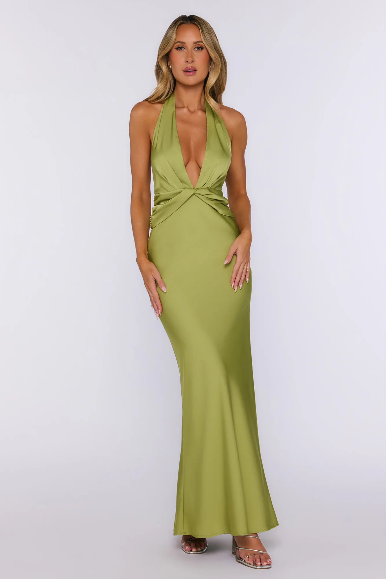 Palm Breeze Party Satin Halter Maxi Dress Lime