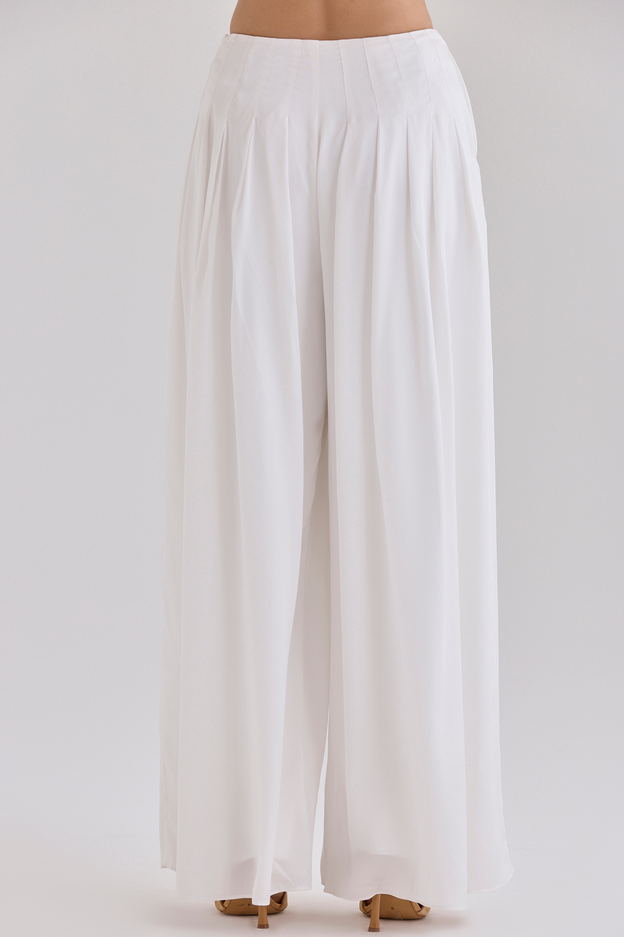 White Sateen Pleated Wide Leg Trousers
