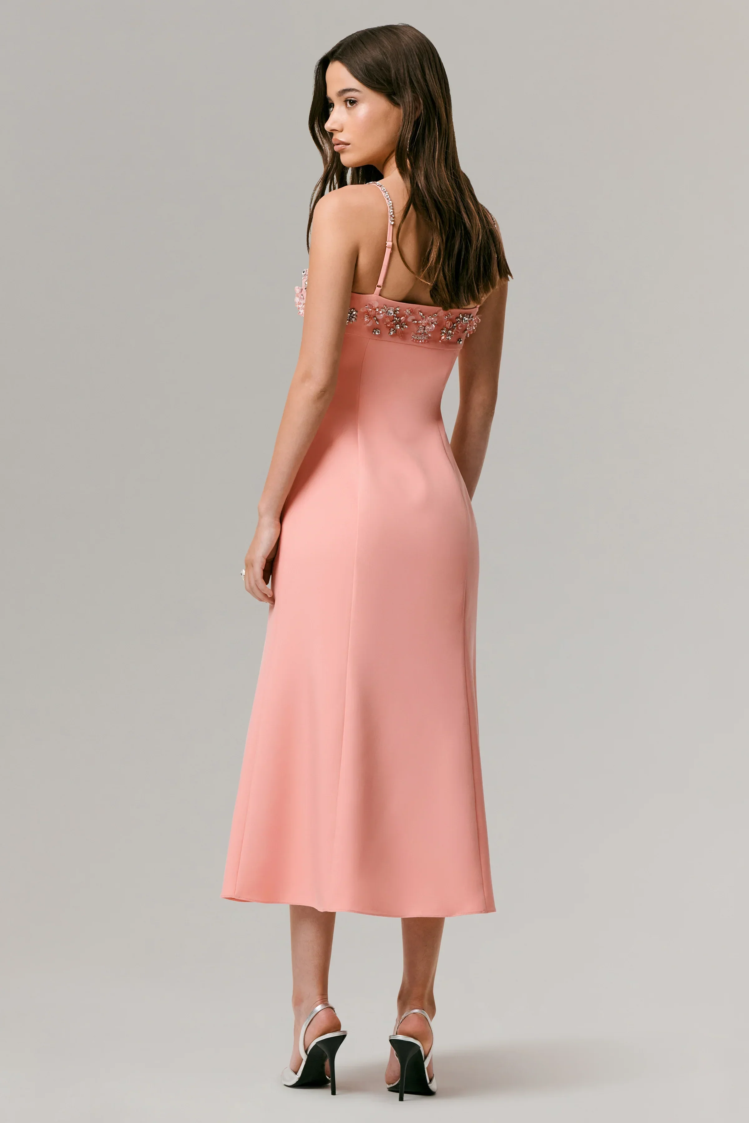 One To Remember | Coral Square-Neck Embellished Midi Dress