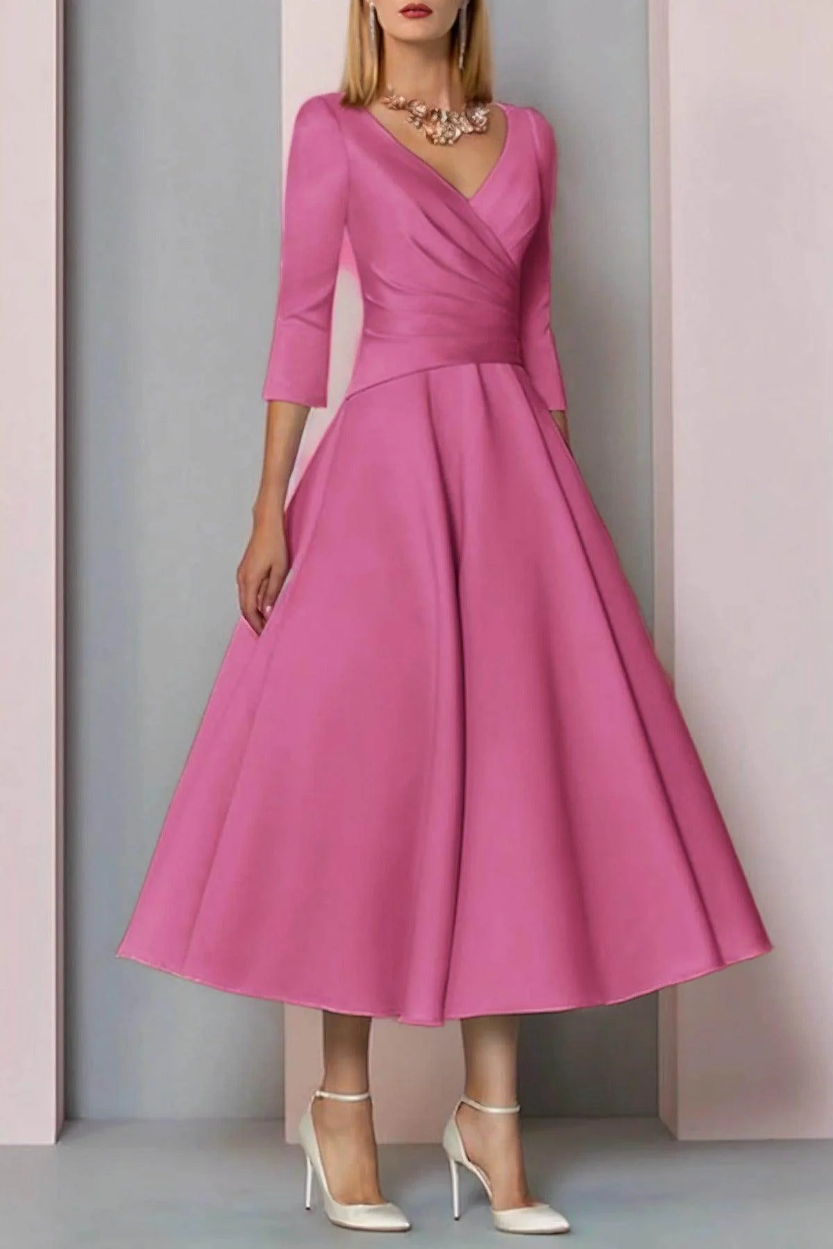 A-Line Tea Length Satin Mother Dress CM0081