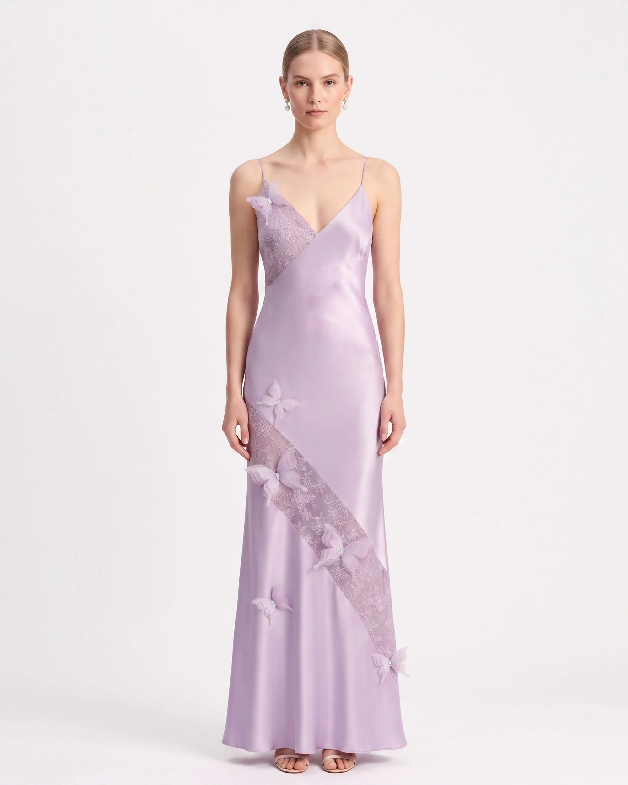 Butterfly Lace Panel Satin Slip Maxi Dress - Lavender