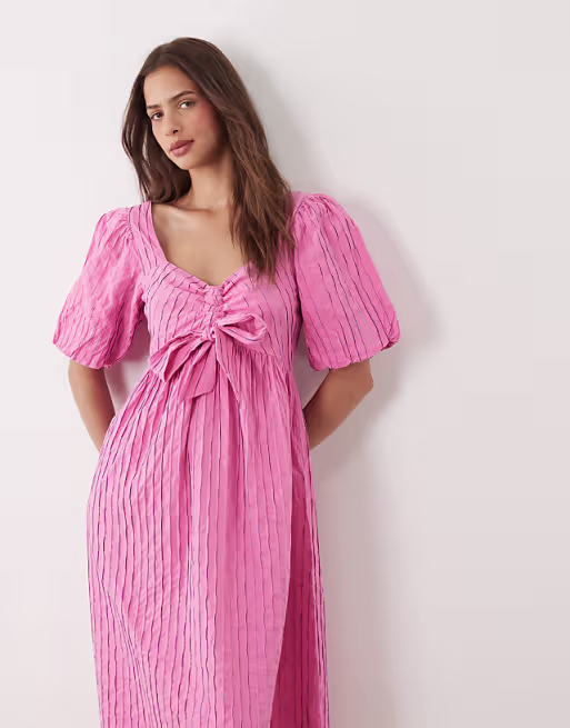 YAS puff sleeve bow front textured midi dress in pink
