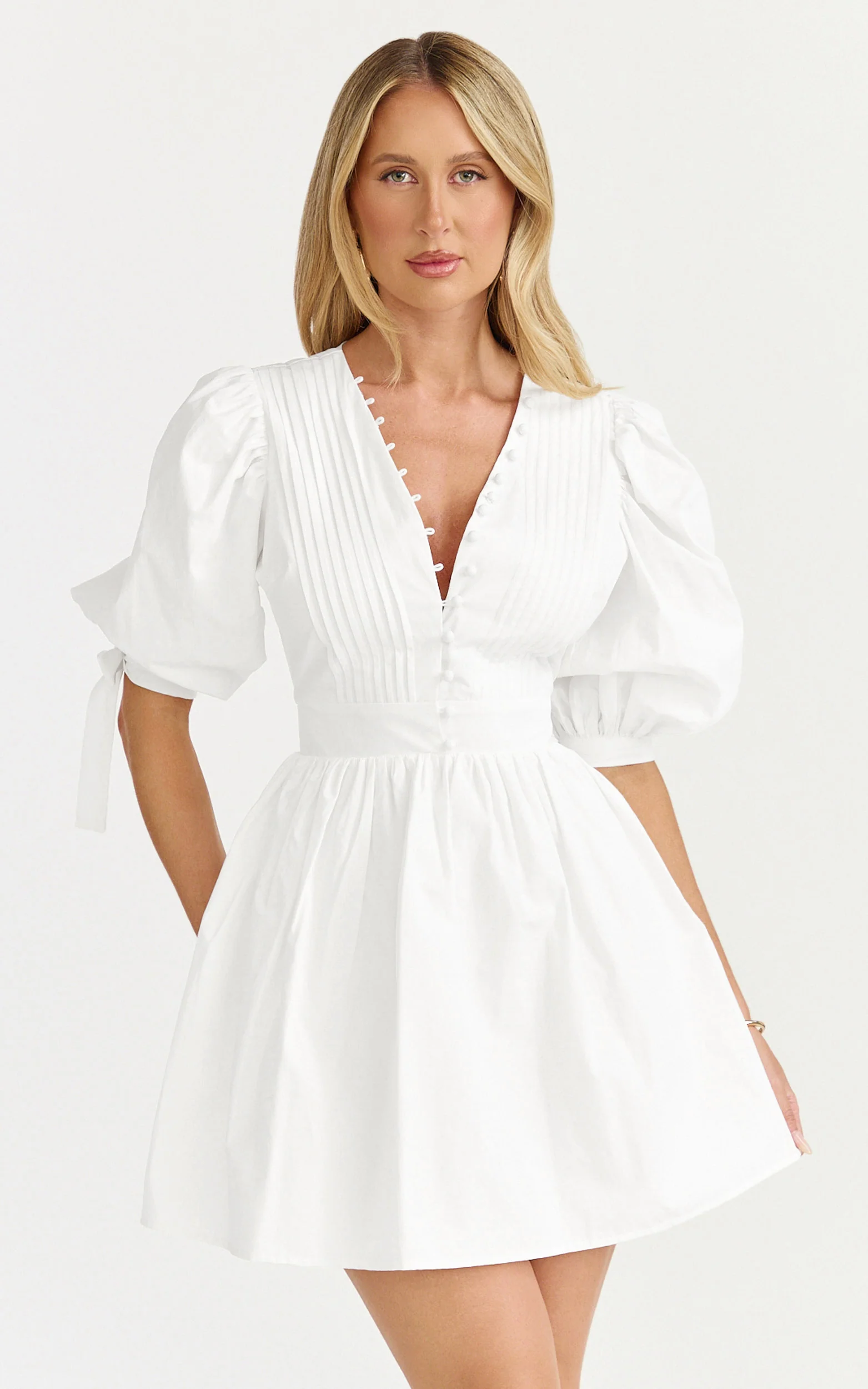 Zandra Mini Dress - Puff Sleeve Poplin Dress in White