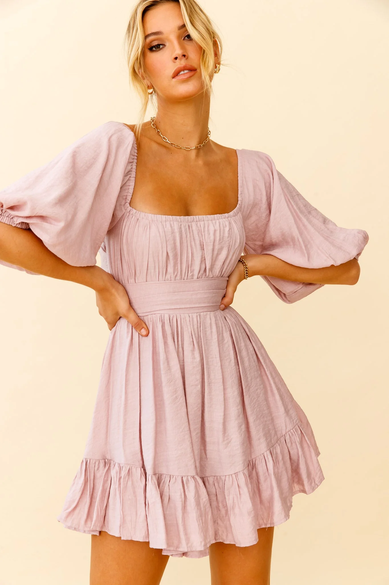 Abby Off-Shoulder Tie-Up Back Dress Blush - luluinthesky