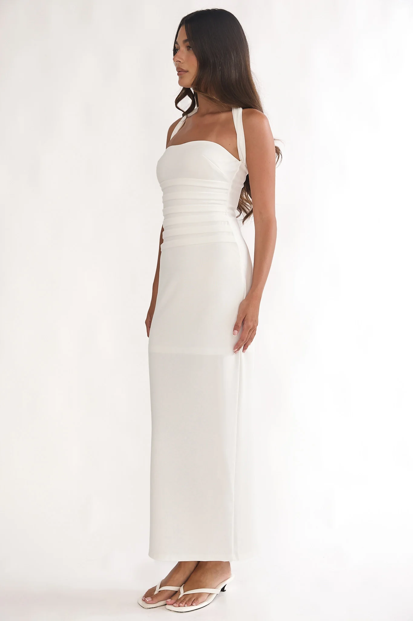 Fly Me To Paris Pleat Bodice Halterneck Maxi Dress White