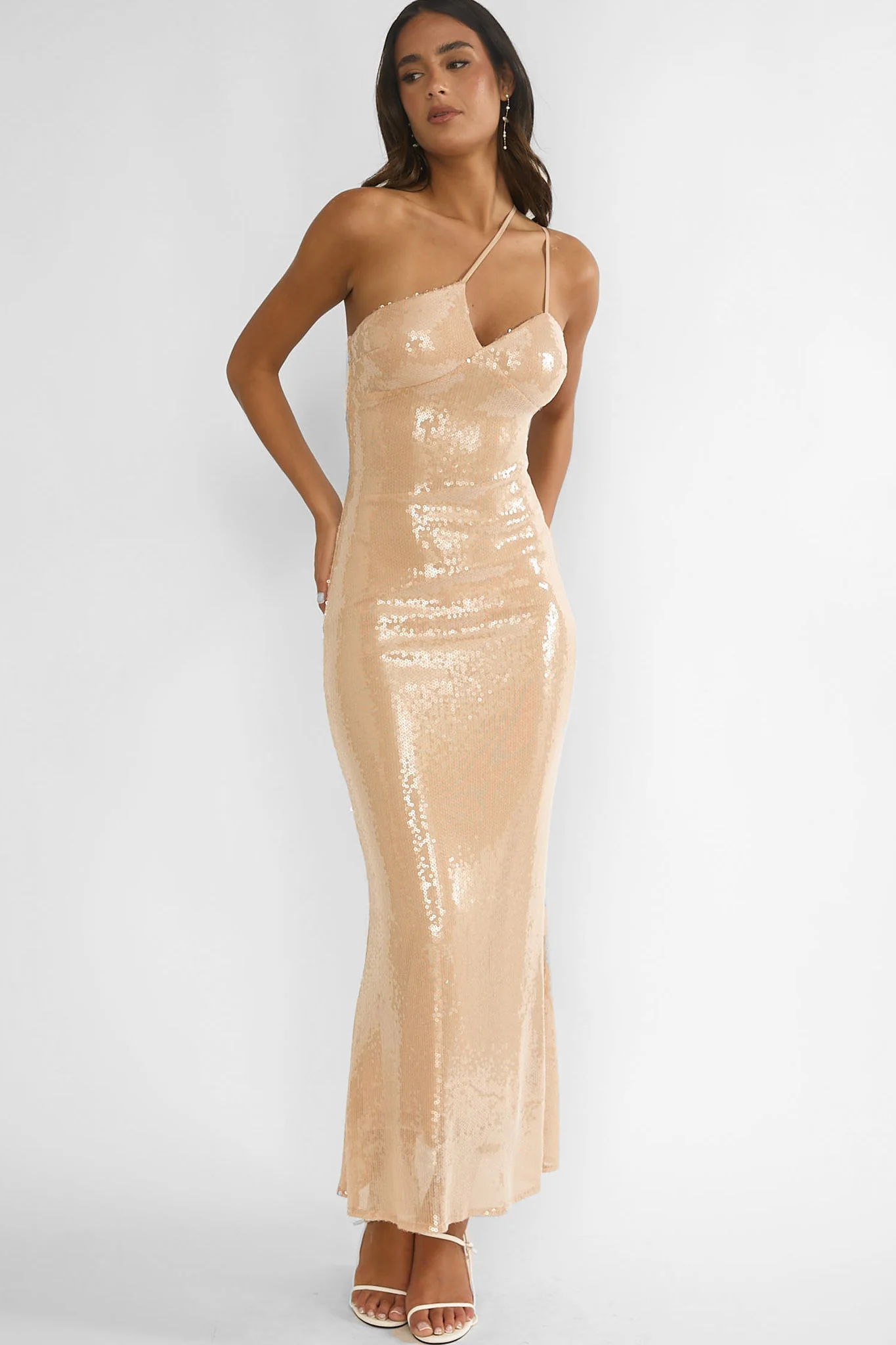 Roselyn One-Shoulder Sequin Maxi Dress Latte
