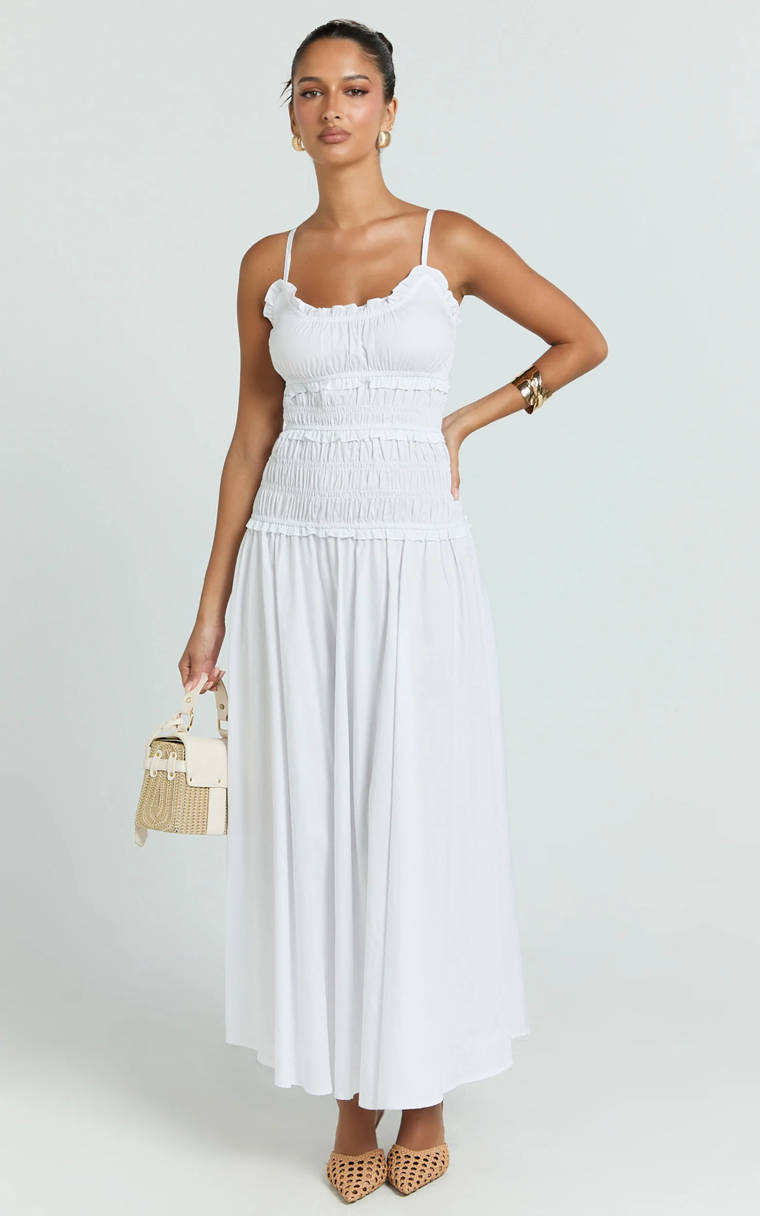 Cami Midi Dress - Rushed Bodice Dress in White
