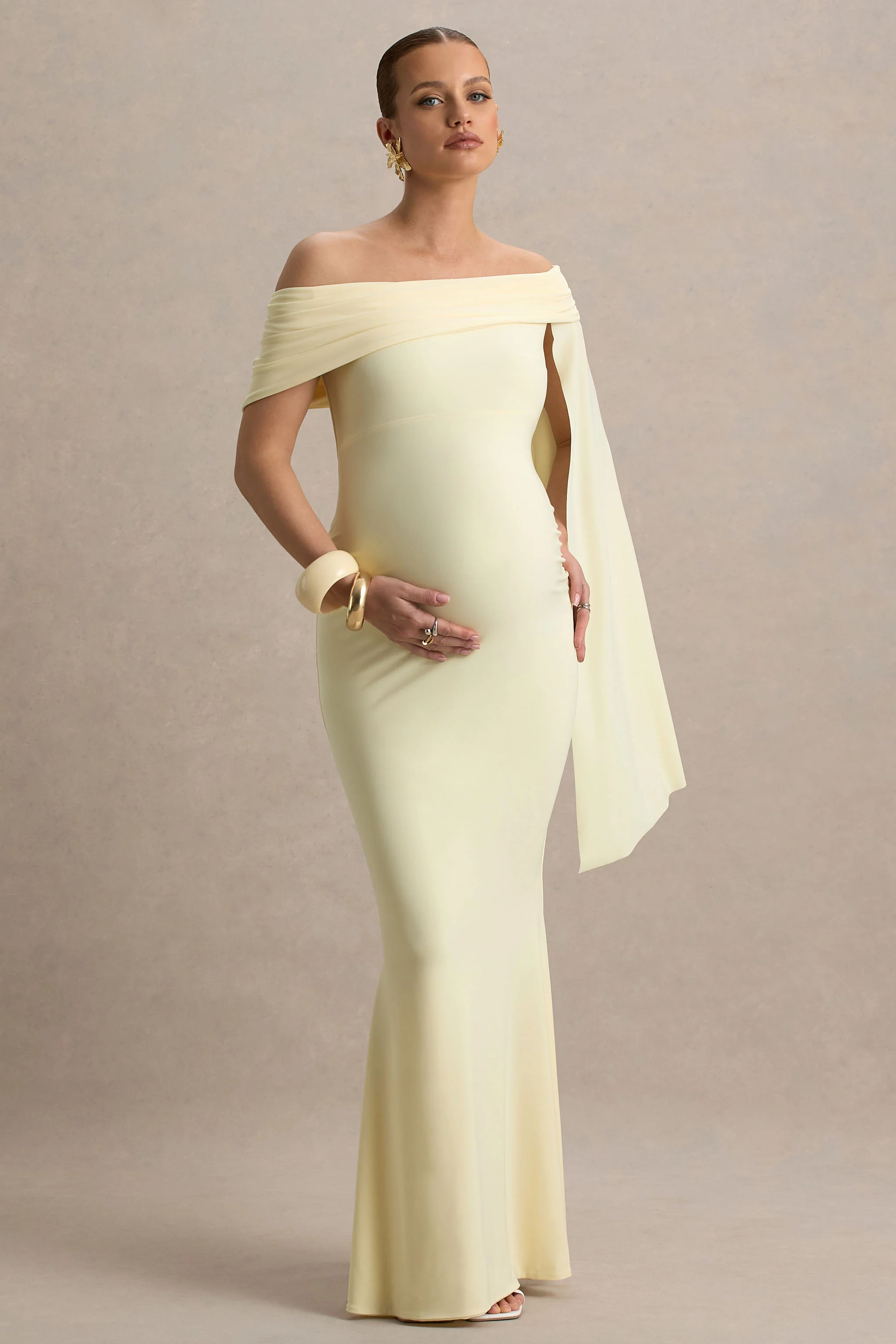 Aquila | Lemon Bardot Maternity Maxi Dress With Draped Detail