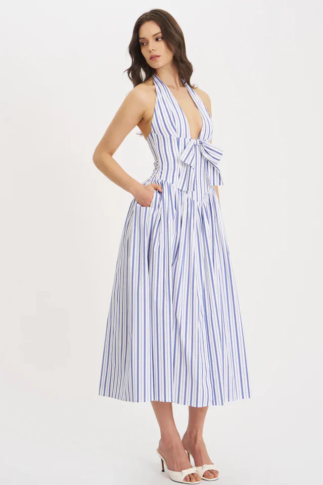 Mackenna Stripe Halter Smock Back Dress