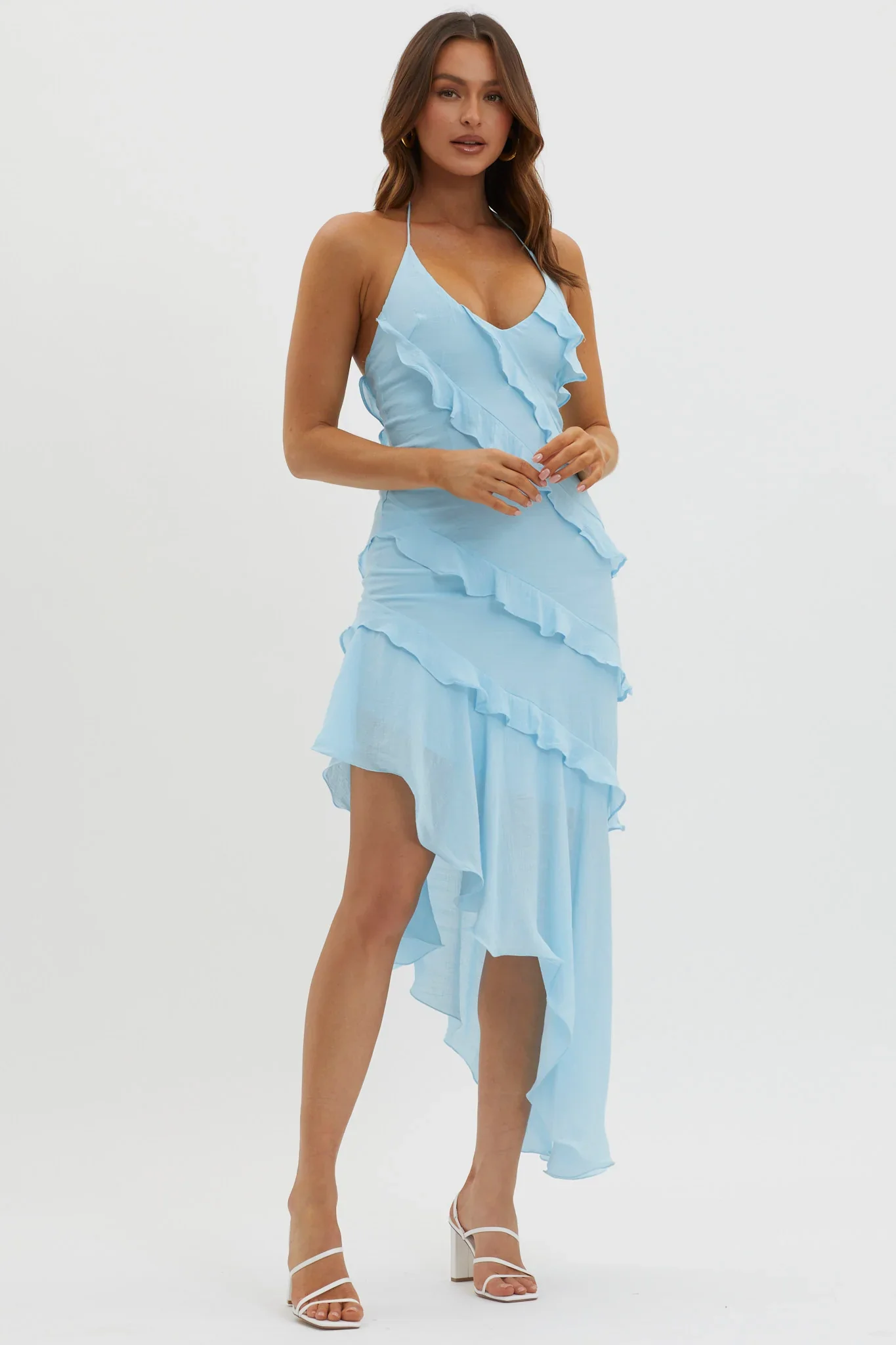 Arrabel Tiered Ruffle Asymmetric Midi Dress Blue