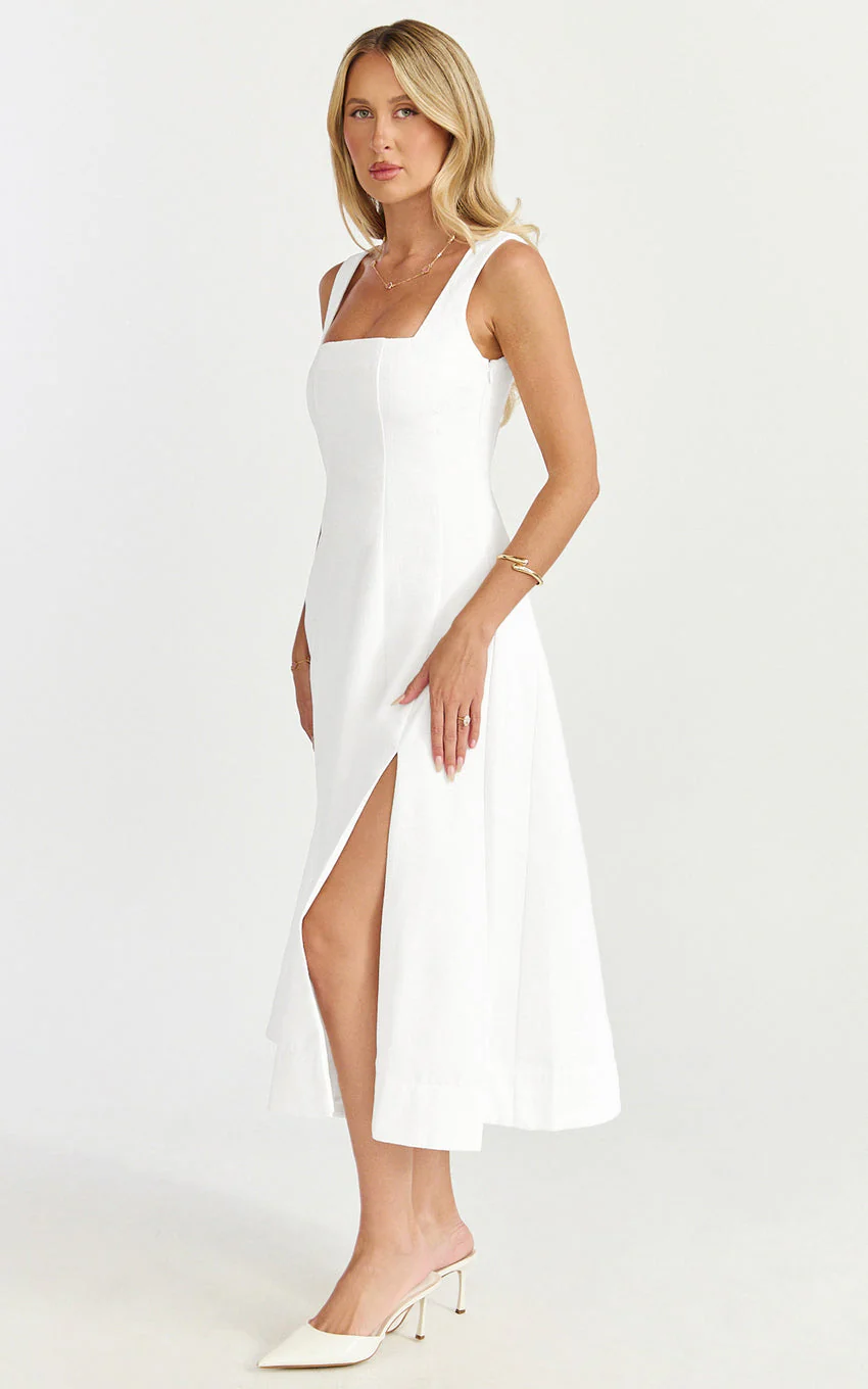 Walters Midi Dress - Square Neck Shirred Back Fit and Flare Panel Dress in White - luluinthesky
