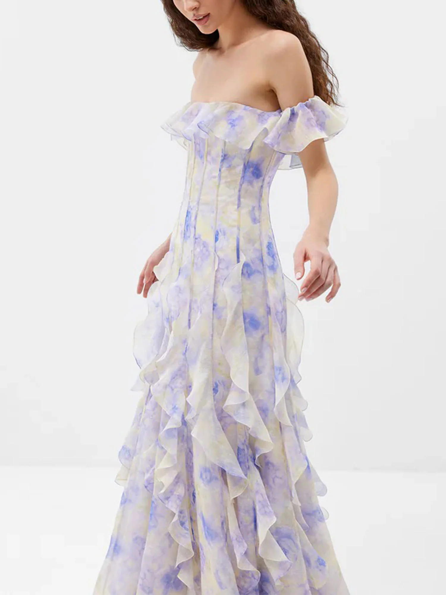 Lilac Off-Shoulder Ruffle Maxi Dress