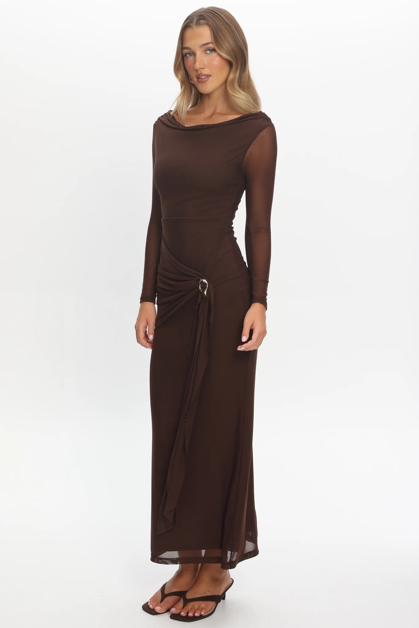 Lyssia Cowl Neck Waist Sash Maxi Dress Chocolate