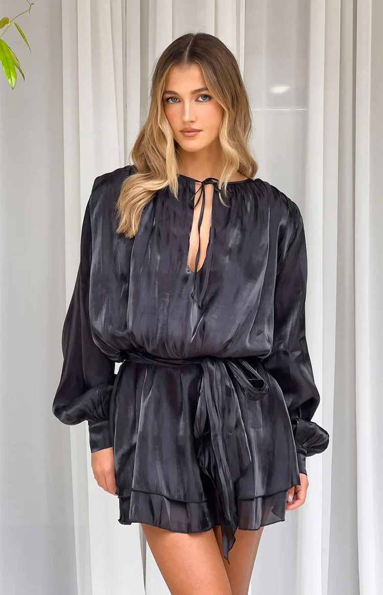 Quinton Black Satin Long Sleeve Tie Mini Dress