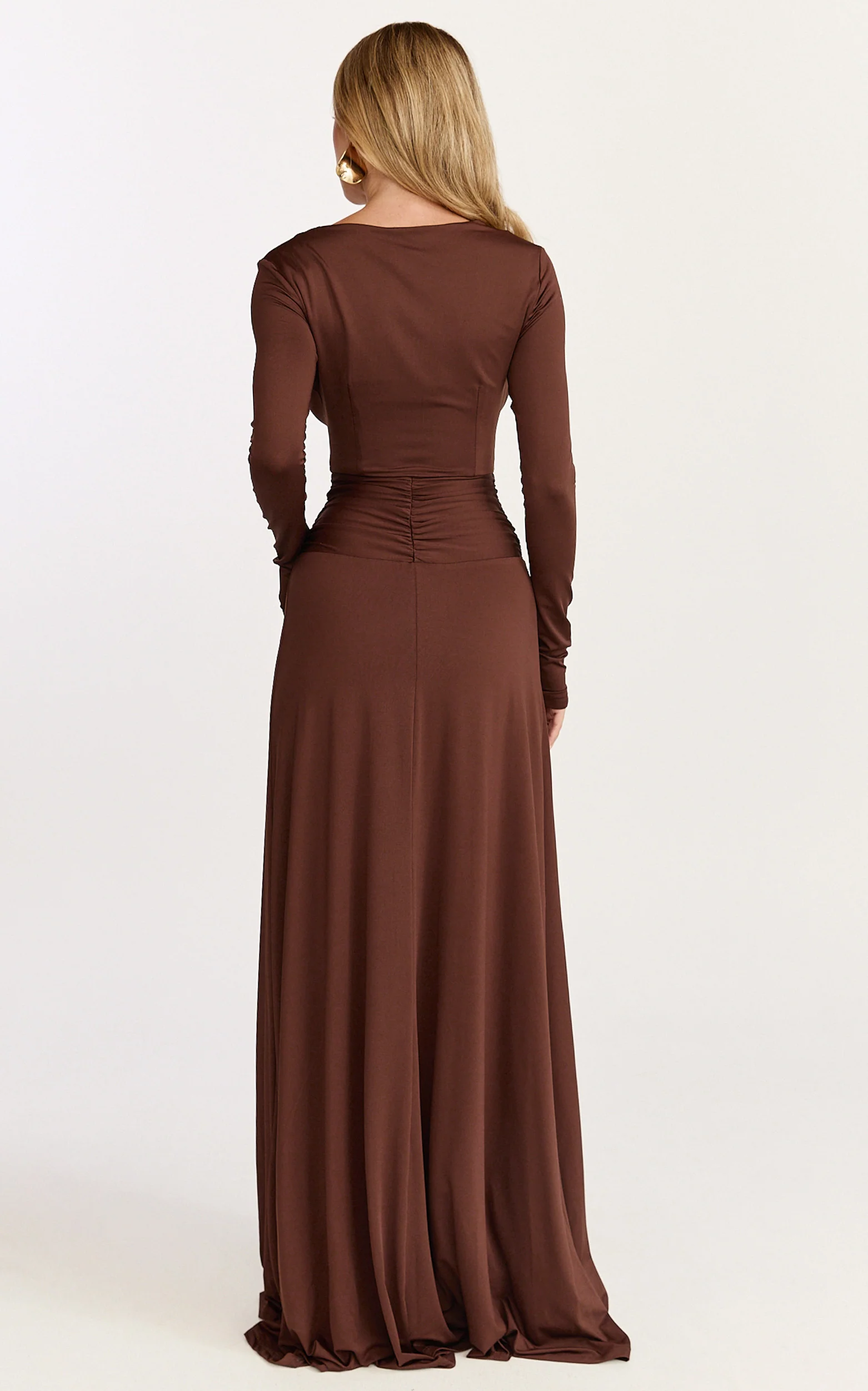 Sahara Maxi Dress - Long Sleeve Cut Out Gold Trim Dress in Chocolate