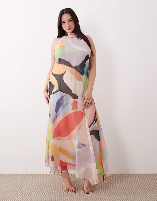 Curve chiffon high neck maxi dress in multi abstract print