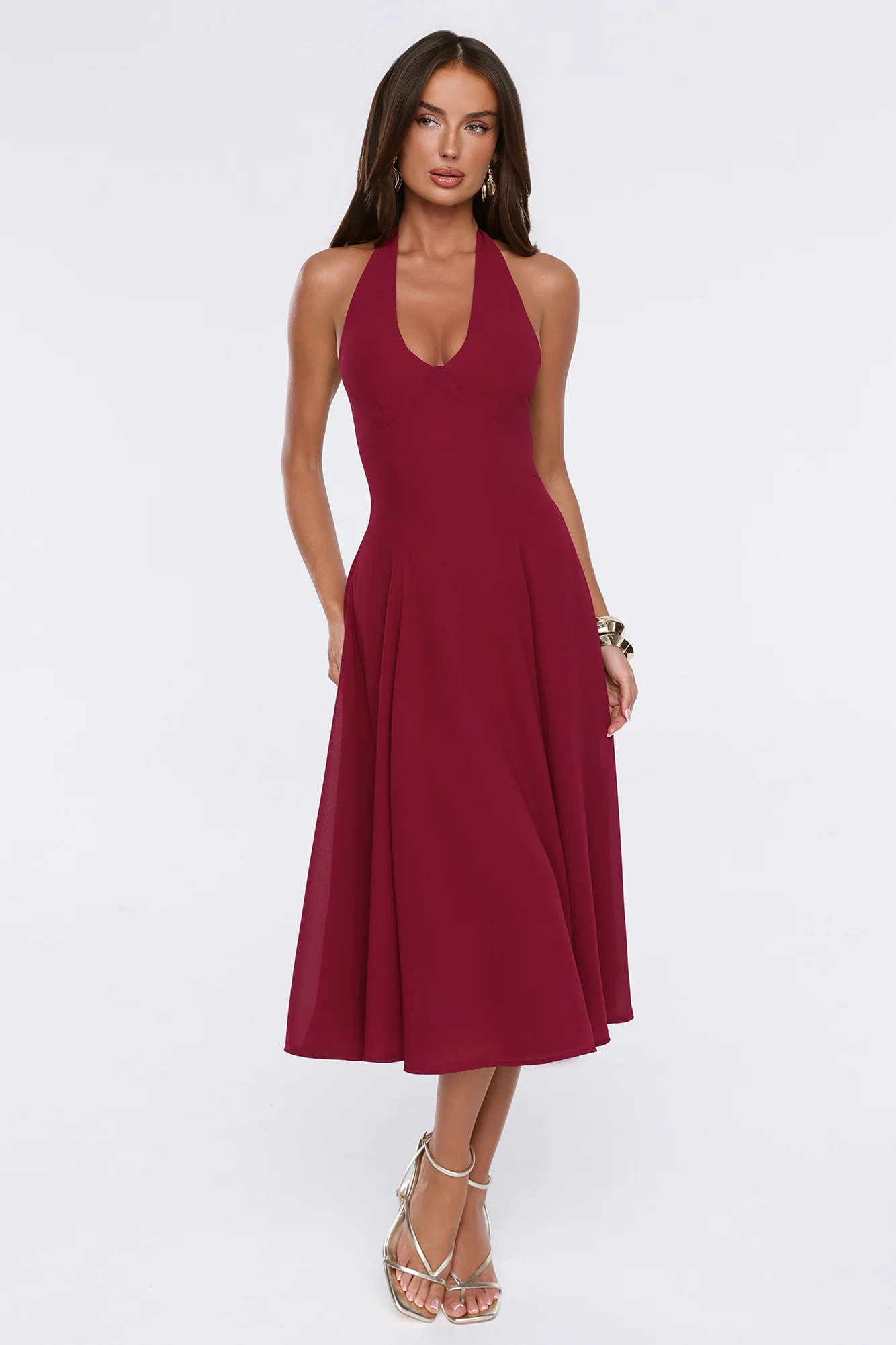 Luxe Femininity Halter Midi Dress Wine