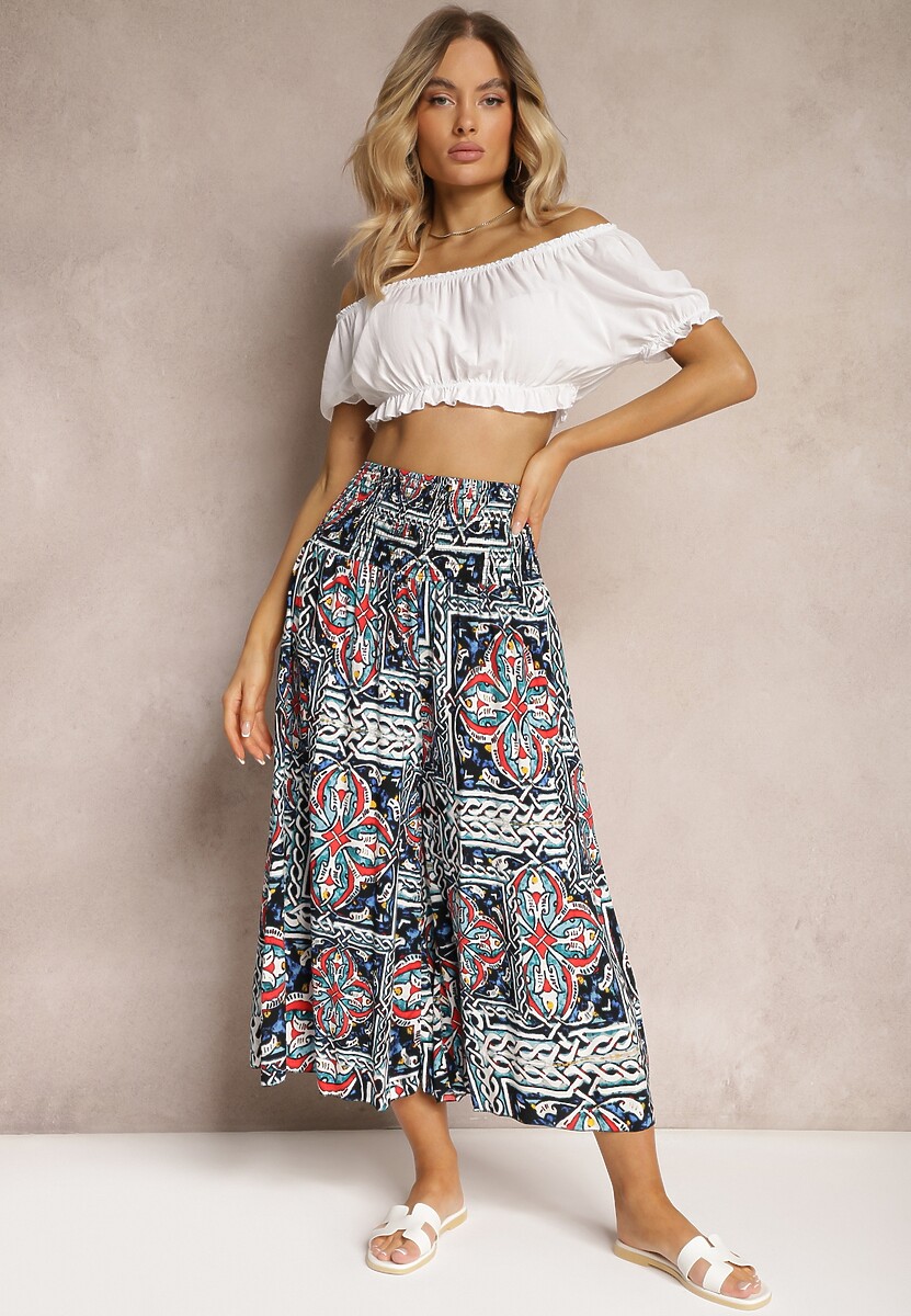 Zielono-Różowe Spodnie Kuloty z Bawełny High Waist z Gumką w Pasie Palovia