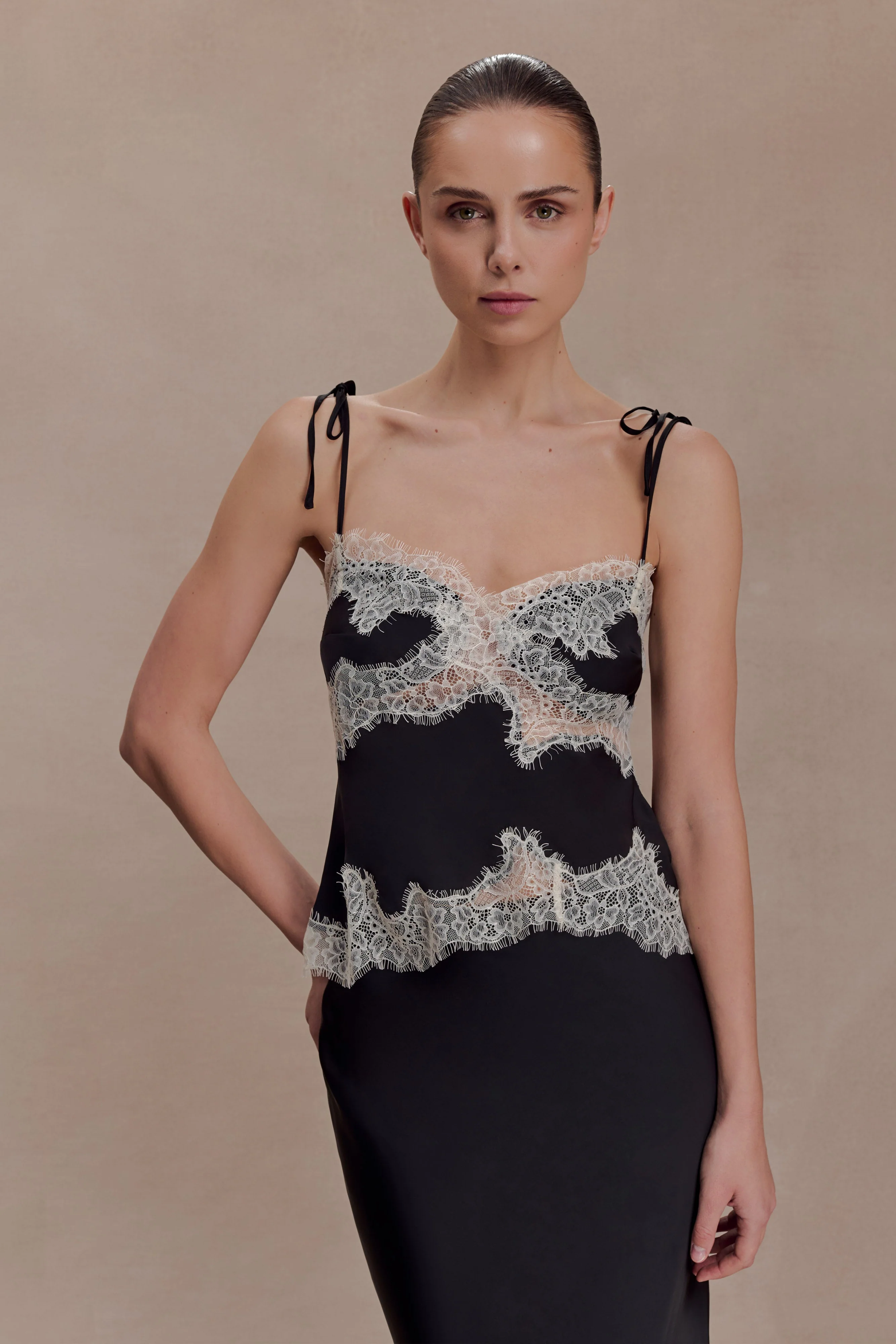 Nina Satin And Lace Camisole - Black/Ivory