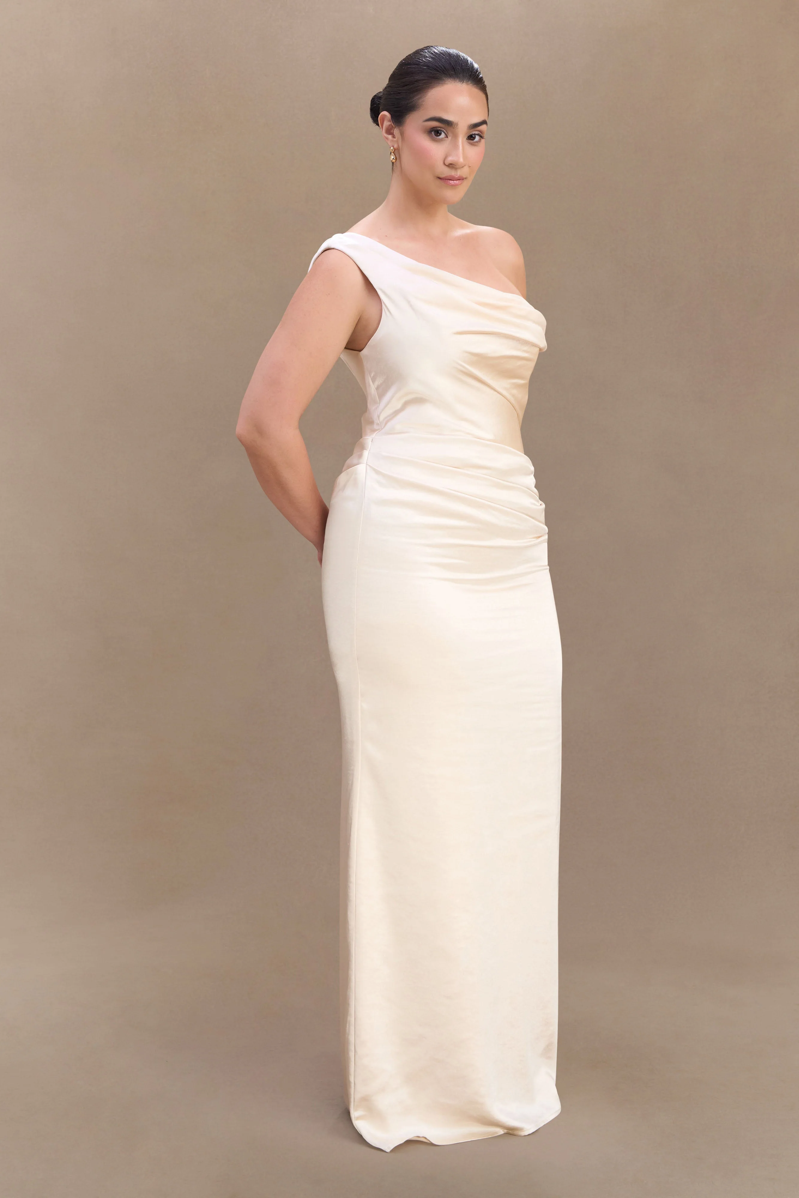 Dalia Off Shoulder Satin Maxi Dress - Blush Gold