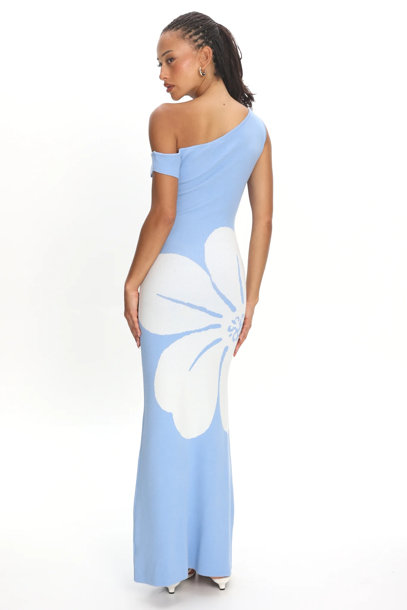 Wildflower Sun Asymmetric Neckline Knit Dress Flower Blue - luluinthesky