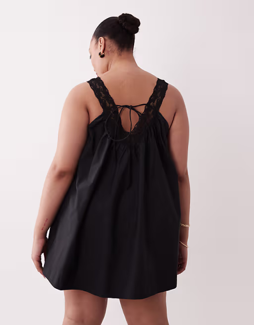 Curve poplin v-neck mini smock sundress with lace overlay in black
