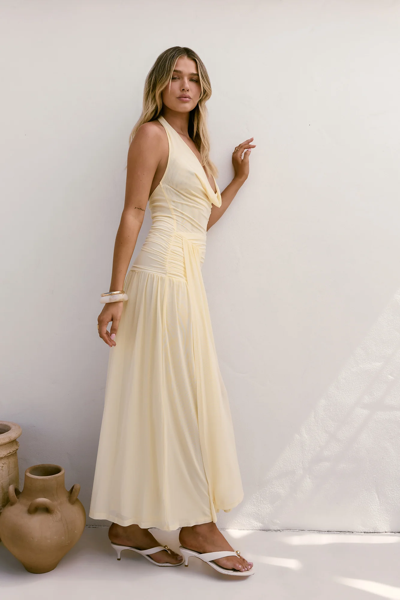 Dancing Skies Mesh Halter Maxi Dress Yellow