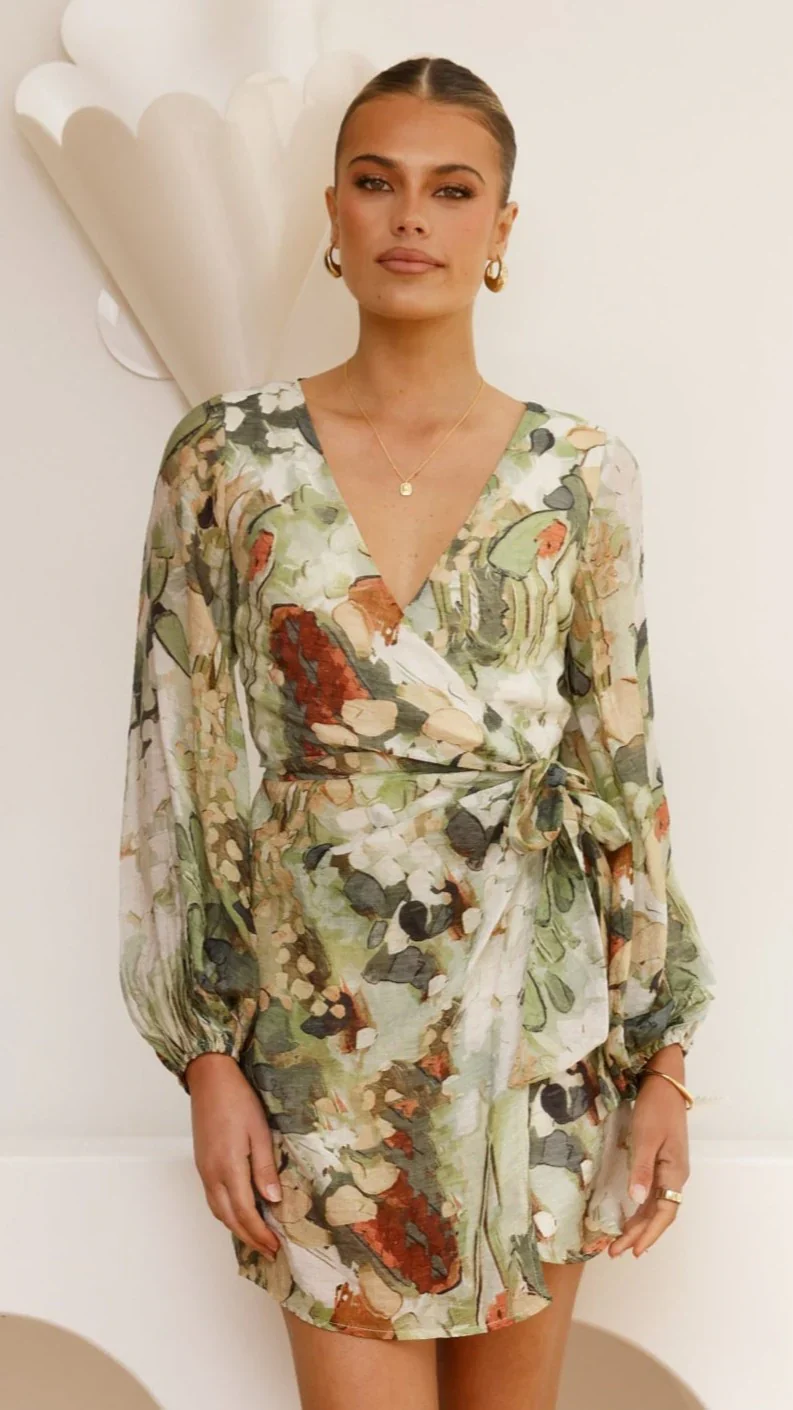 Jemma Long Sleeve Mini Dress - Green Abstract