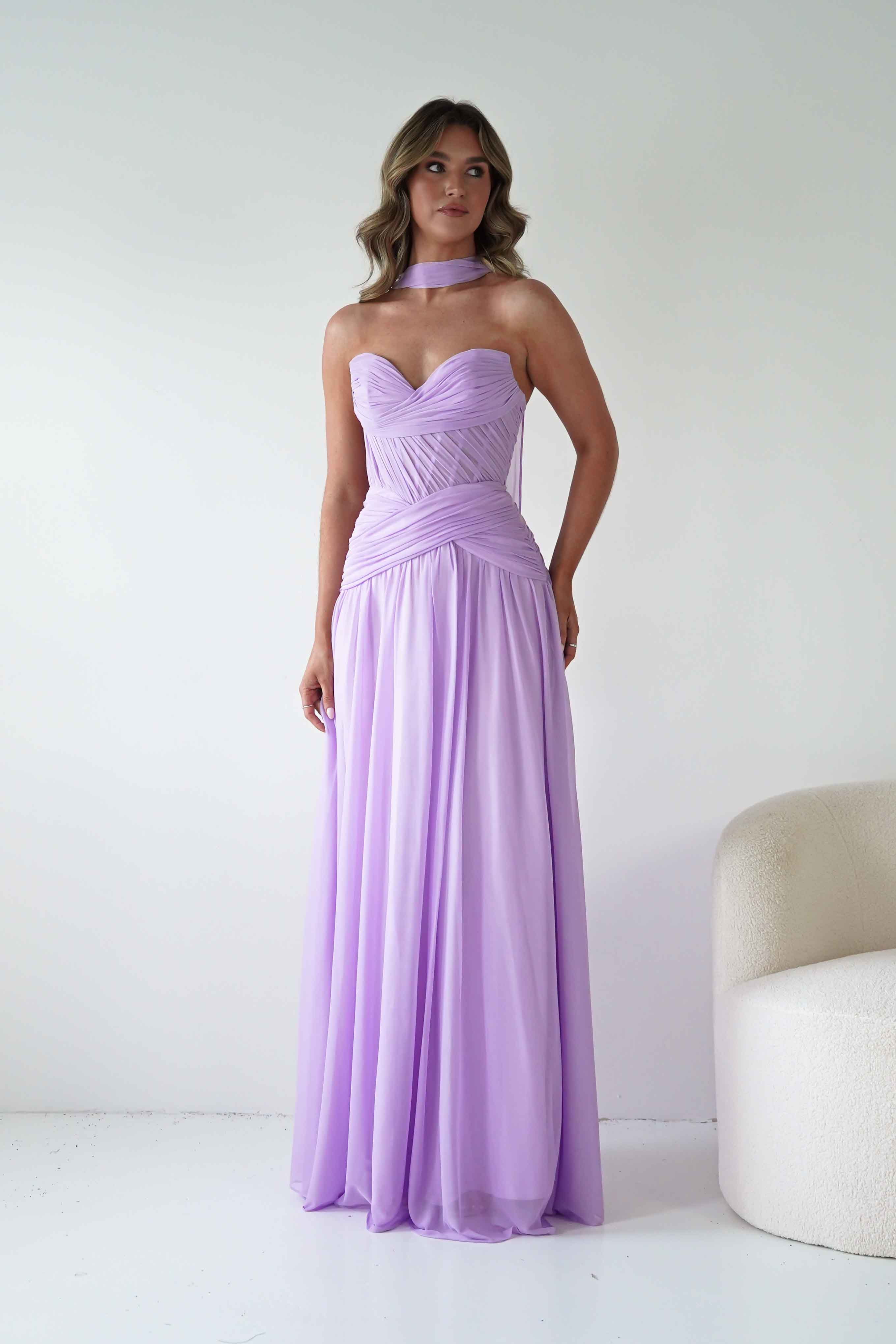 Nicolette Strapless Chiffon Maxi Gown | Lavender