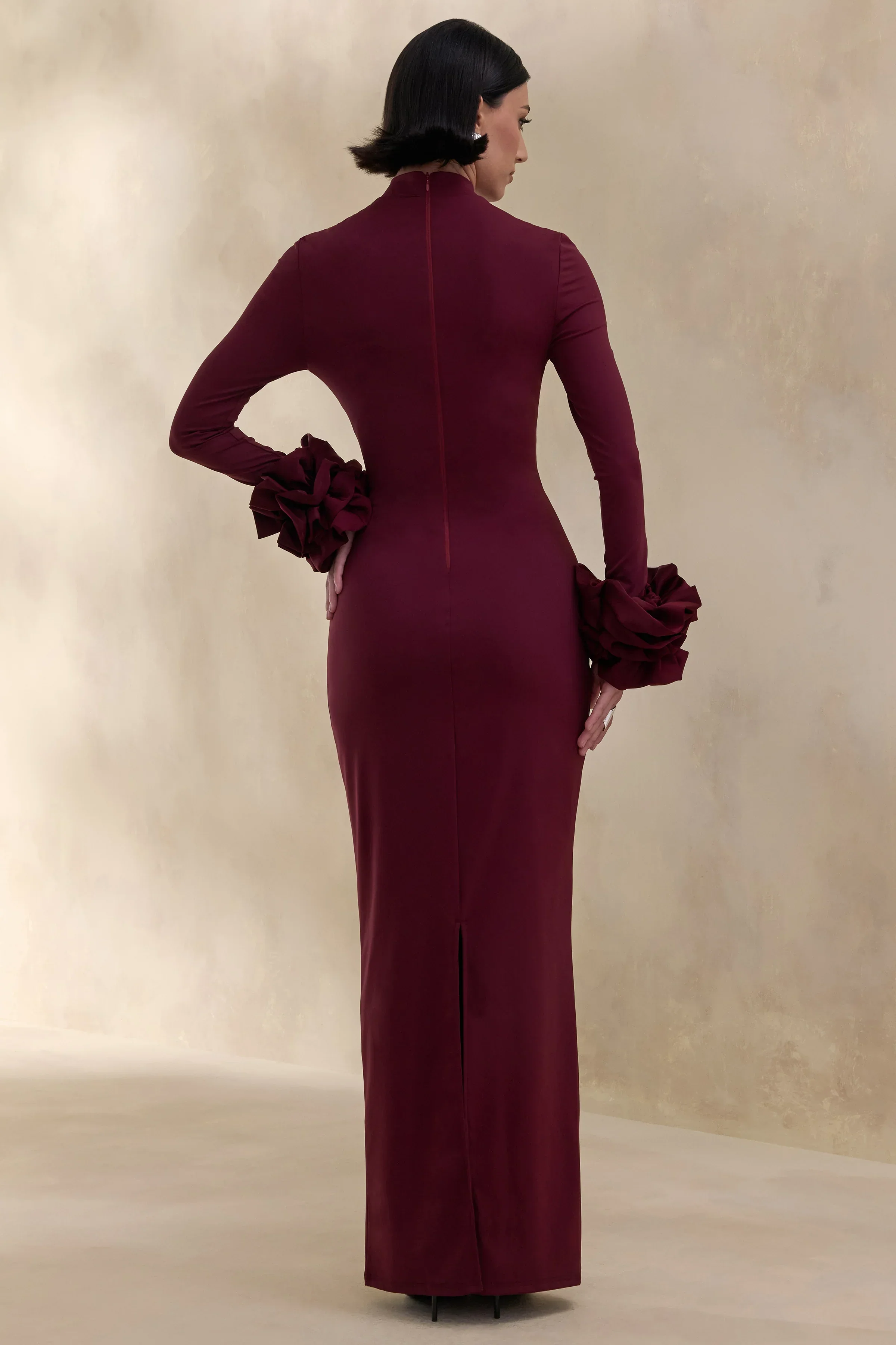 Jaselle | Dark Plum High-Neck Maxi Dress With Ruffled Satin-Cuffs
