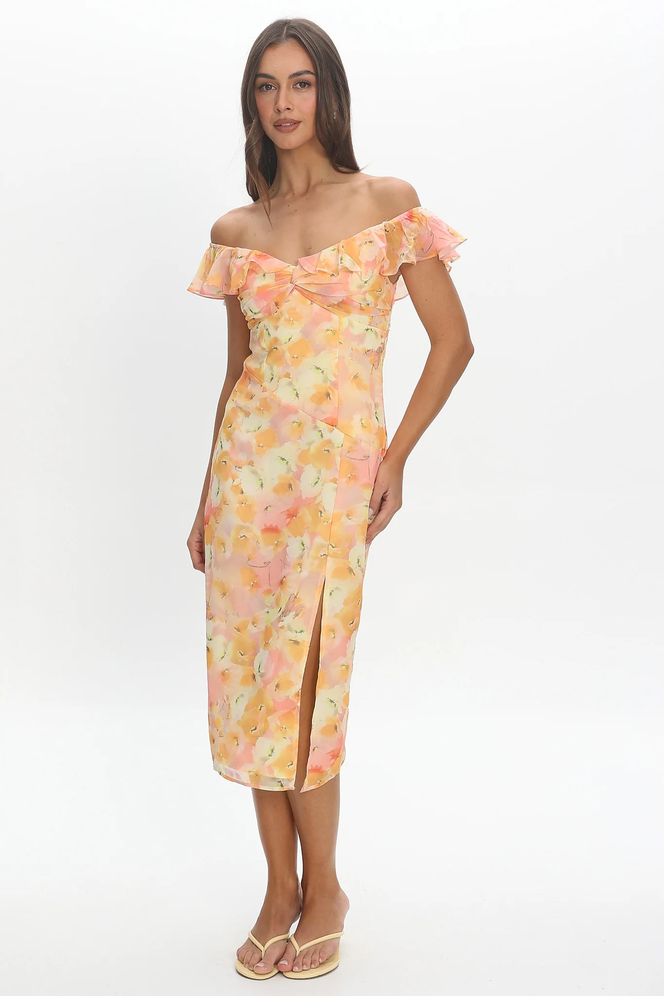 Rozita Off-Shoulder Ruffle Trim Midi Dress Floral Yellow - luluinthesky