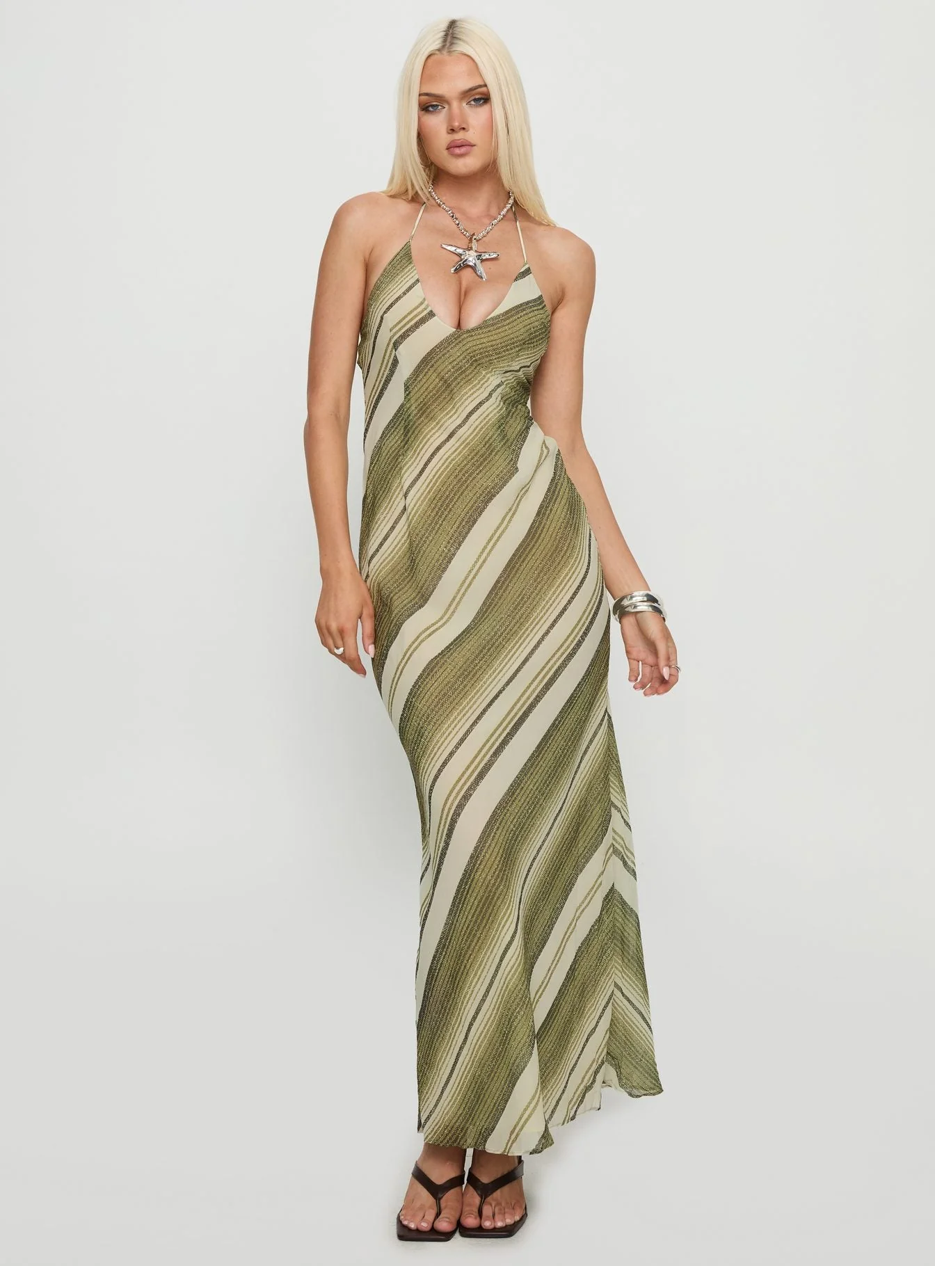 Esmira Halter Maxi Dress Green Stripe