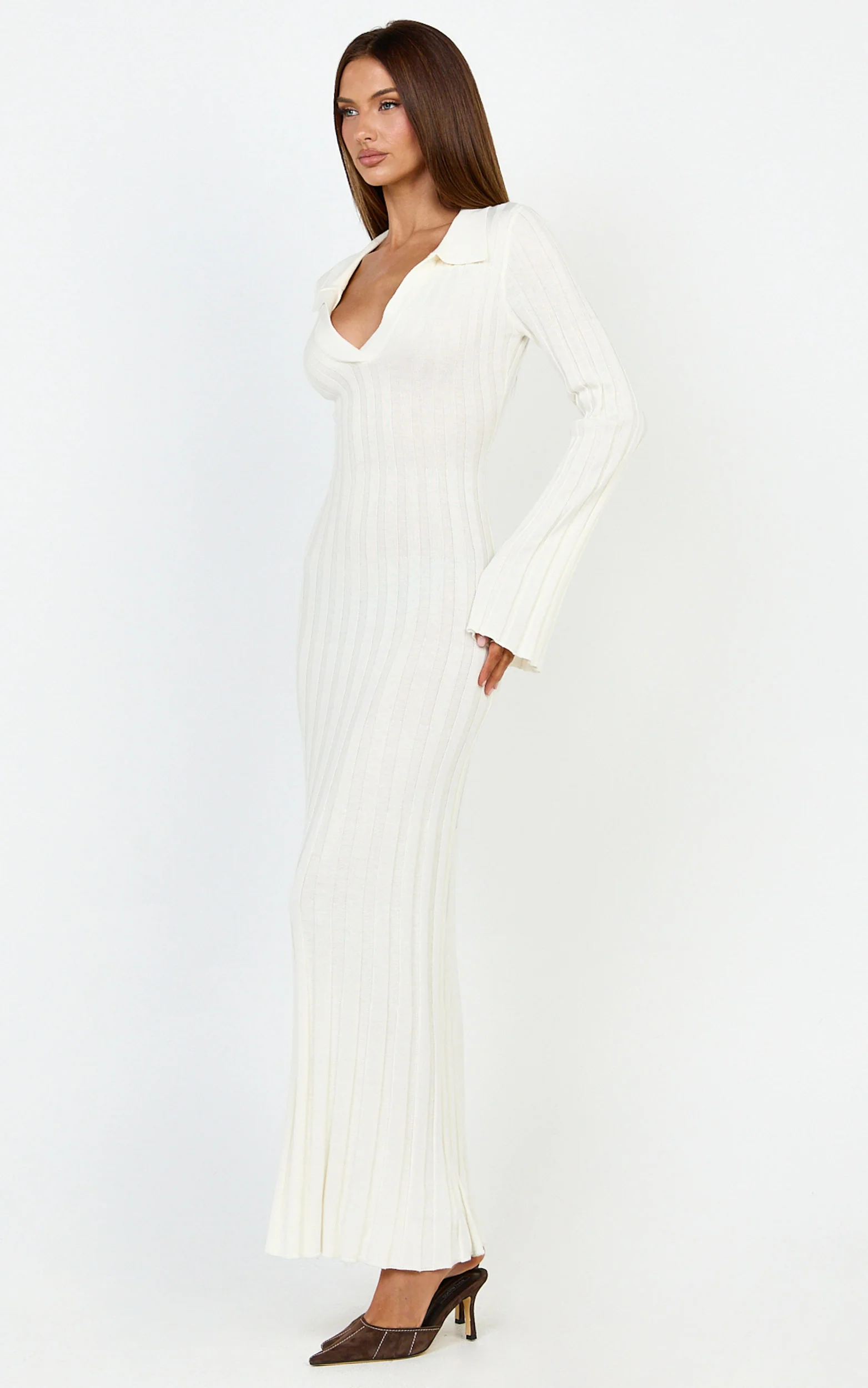 Pamela Midi Dress - Ribbed Knit Poli Midi Dress in Off White