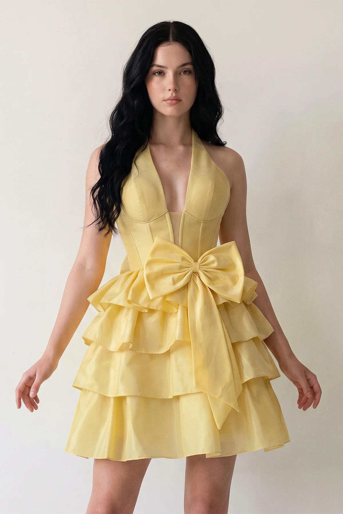 Yellow - Halter A Line Ruffles Satin Homecoming Dress With Bow