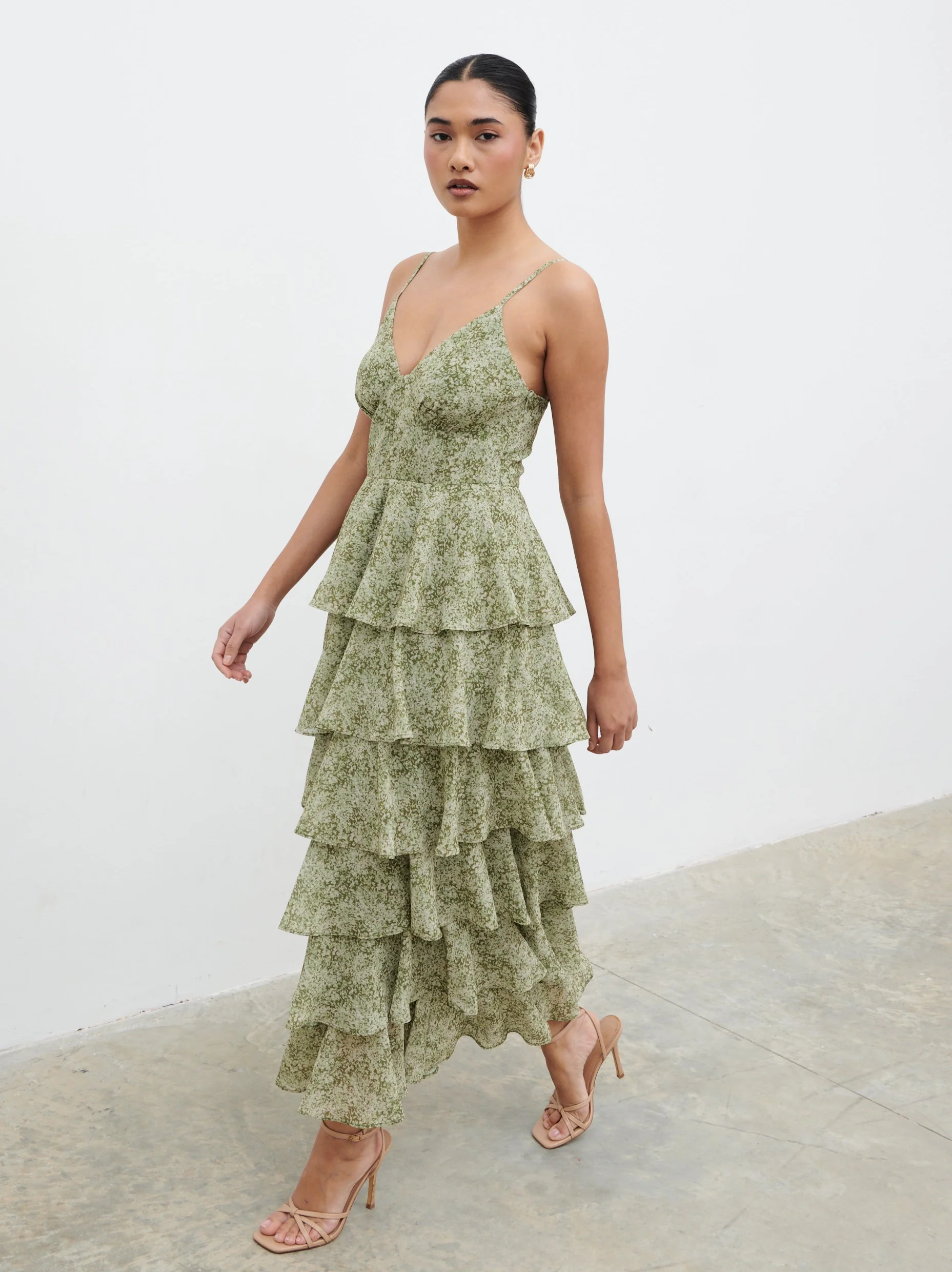 Lissy Ruffle Midaxi Dress - Green Abstract Print