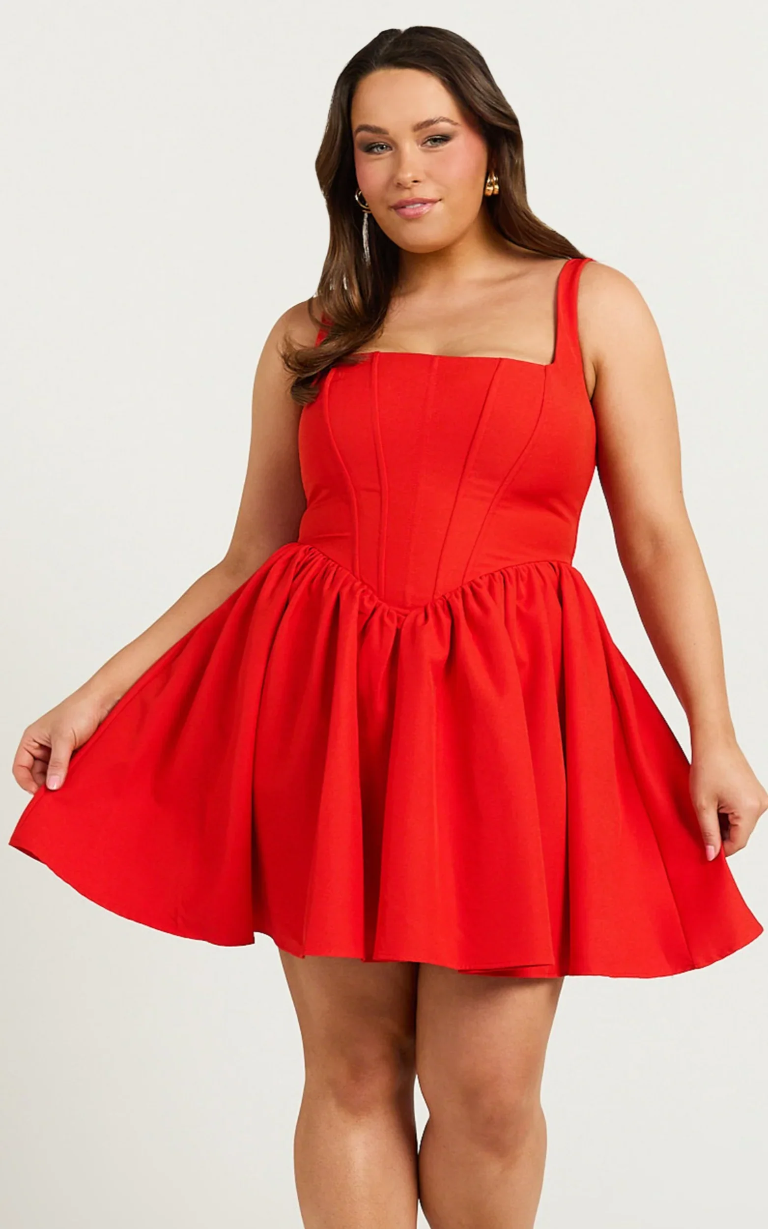 Aimee Mini Dress - Scoop Neck Corset Gathered Dress in Red