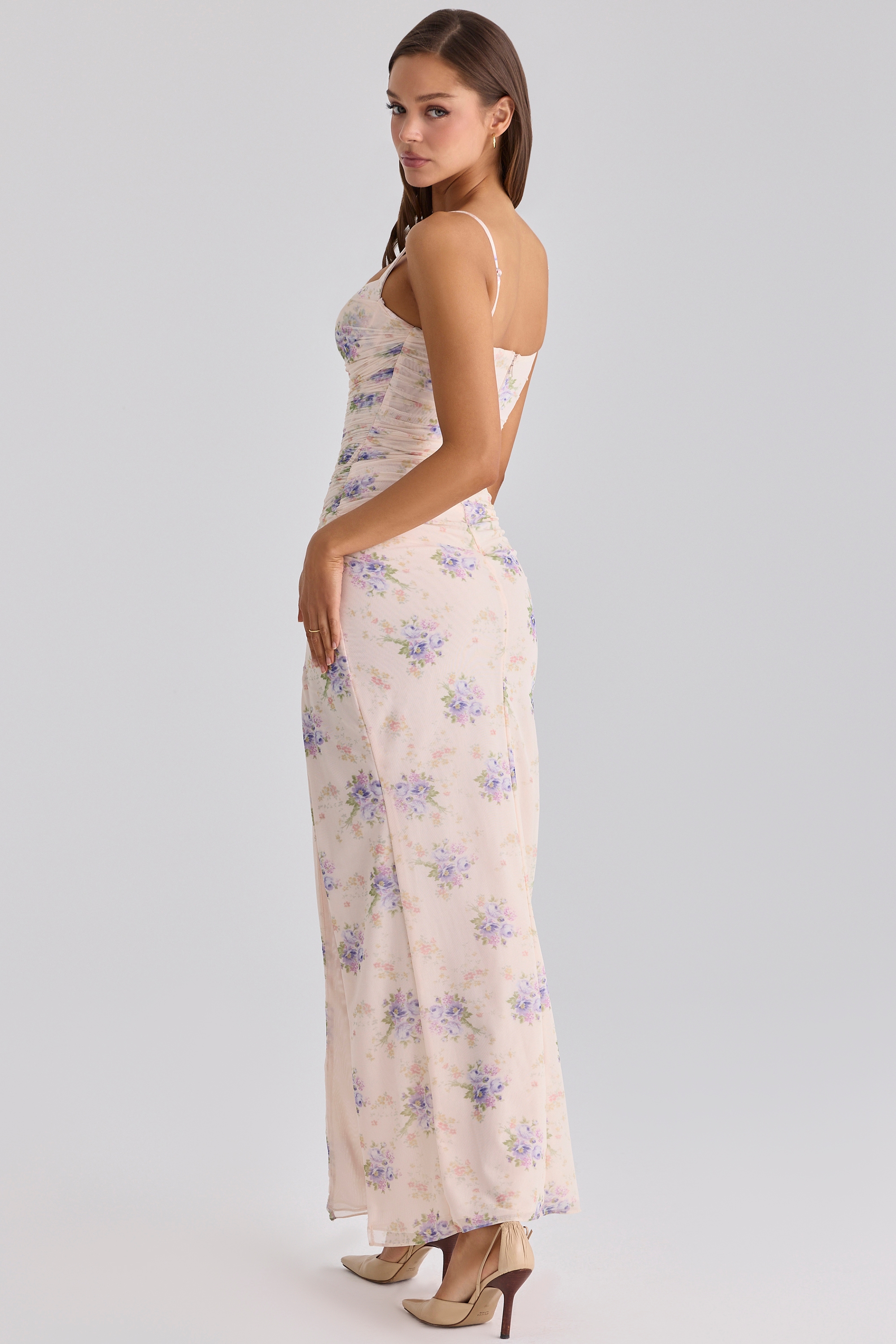 Ivory Sweet Peony Print Stretch Mesh Maxi Dress