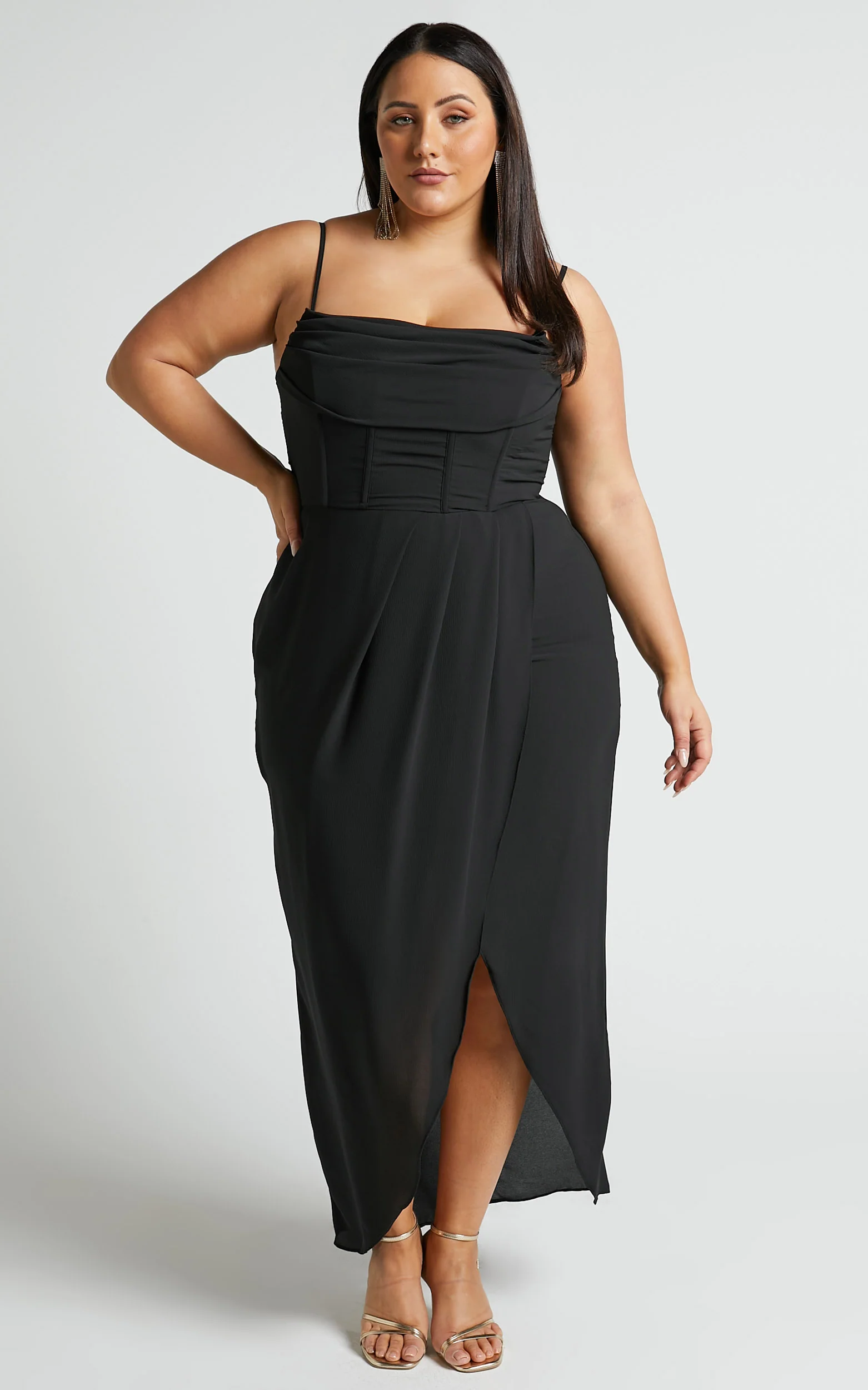 Andrina Midi Dress - High Low Wrap Corset Dress in Black