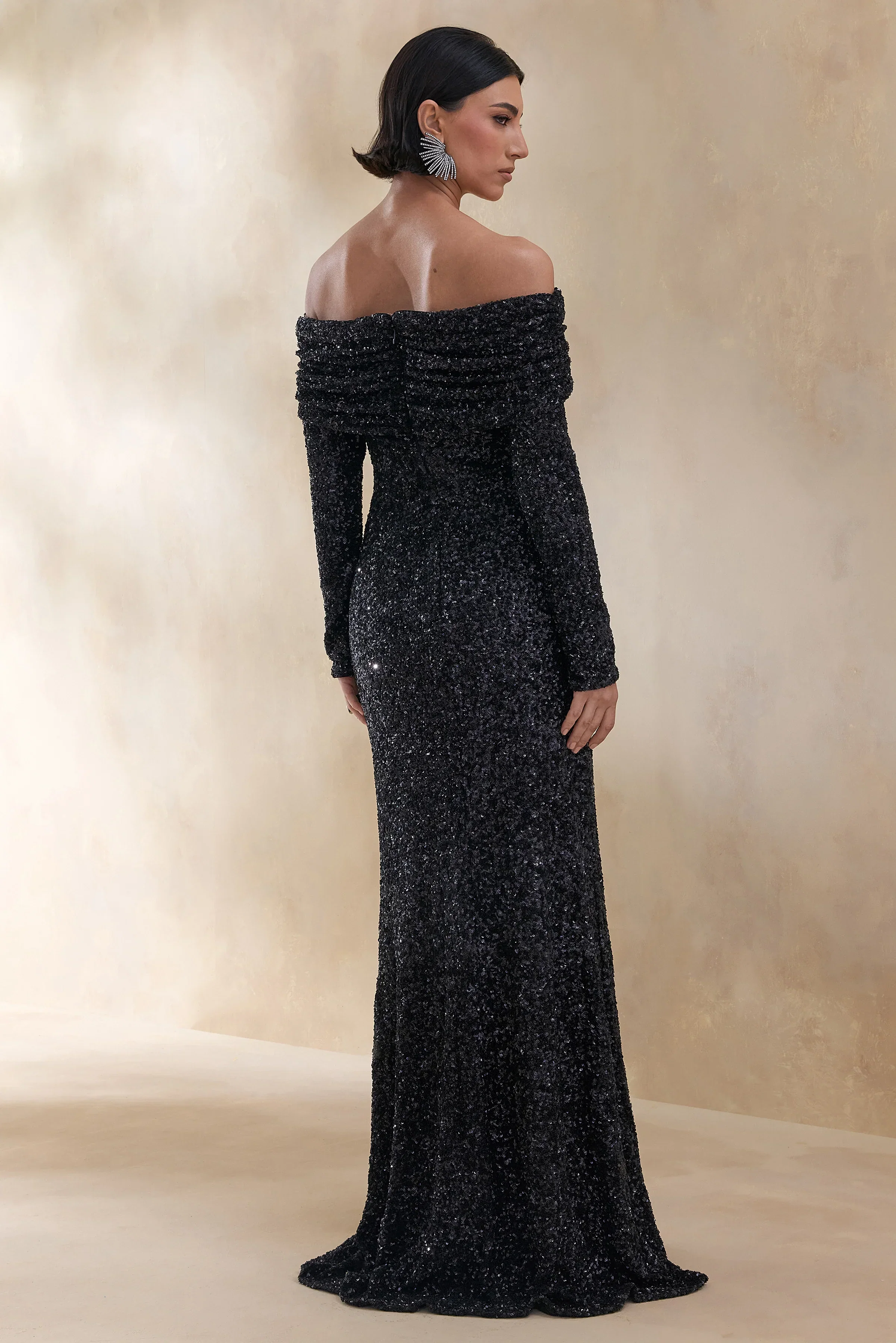 Obsession | Black Sequin Bardot-Neck Maxi Dress With Long Sleeves